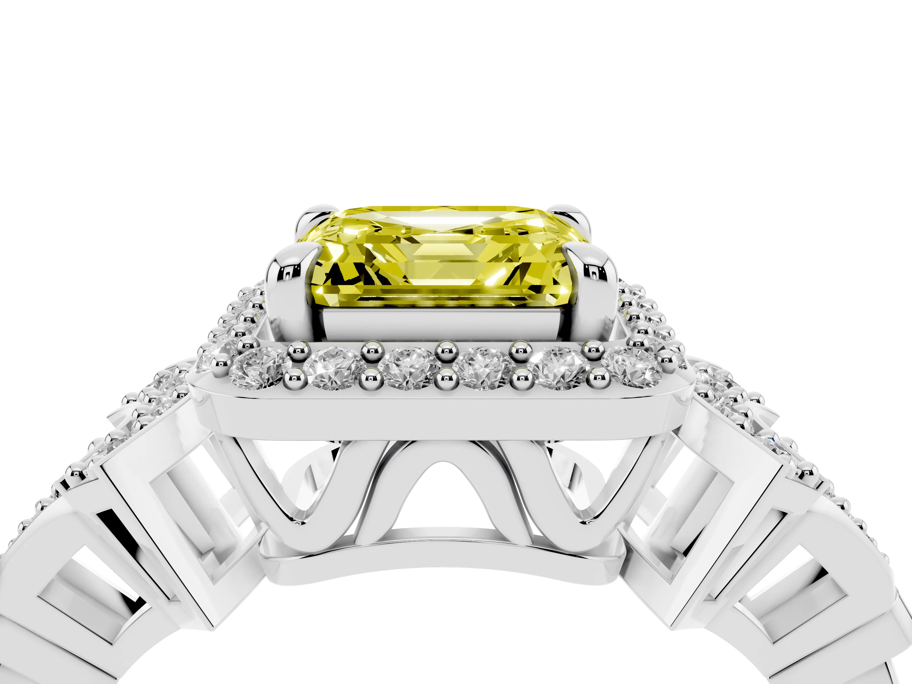 Fancy Yellow Asscher Cut Diamond Halo Engagement Ring Set in Platinum with Accent Stone Split Shank