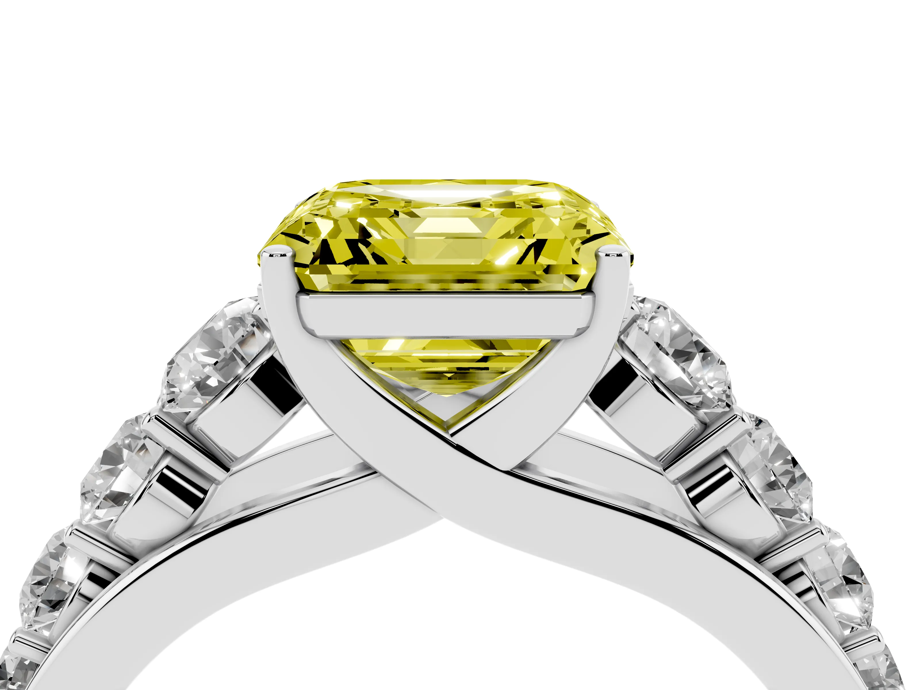 Fancy Yellow Asscher Cut Diamond Solitaire Ring Set in Platinum with Pavé-Set Band and Prong Setting