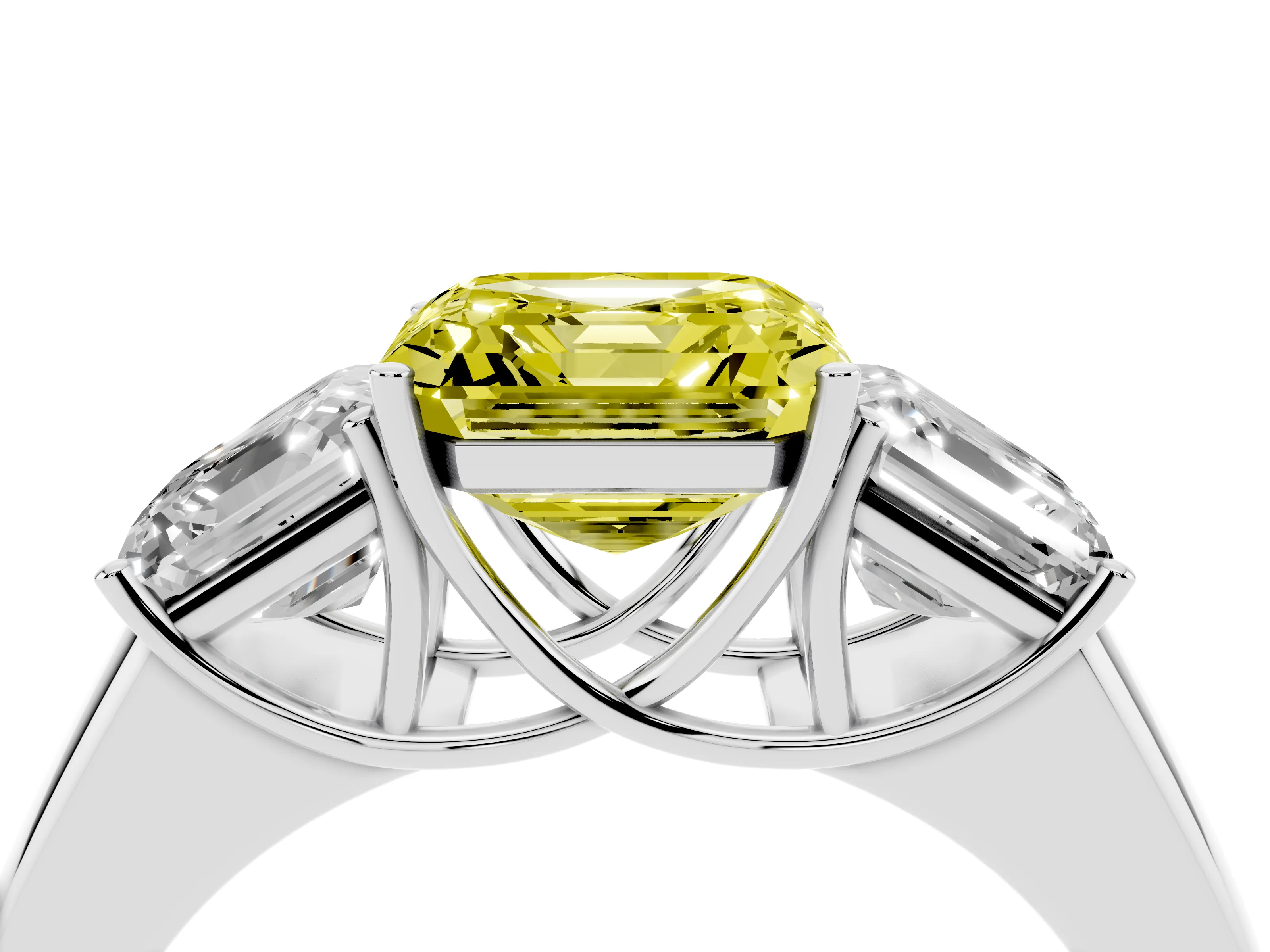 Fancy Yellow Three-Stone Asscher Cut Diamond Ring Set in Silver with Matching Prong Settings and Plain Band