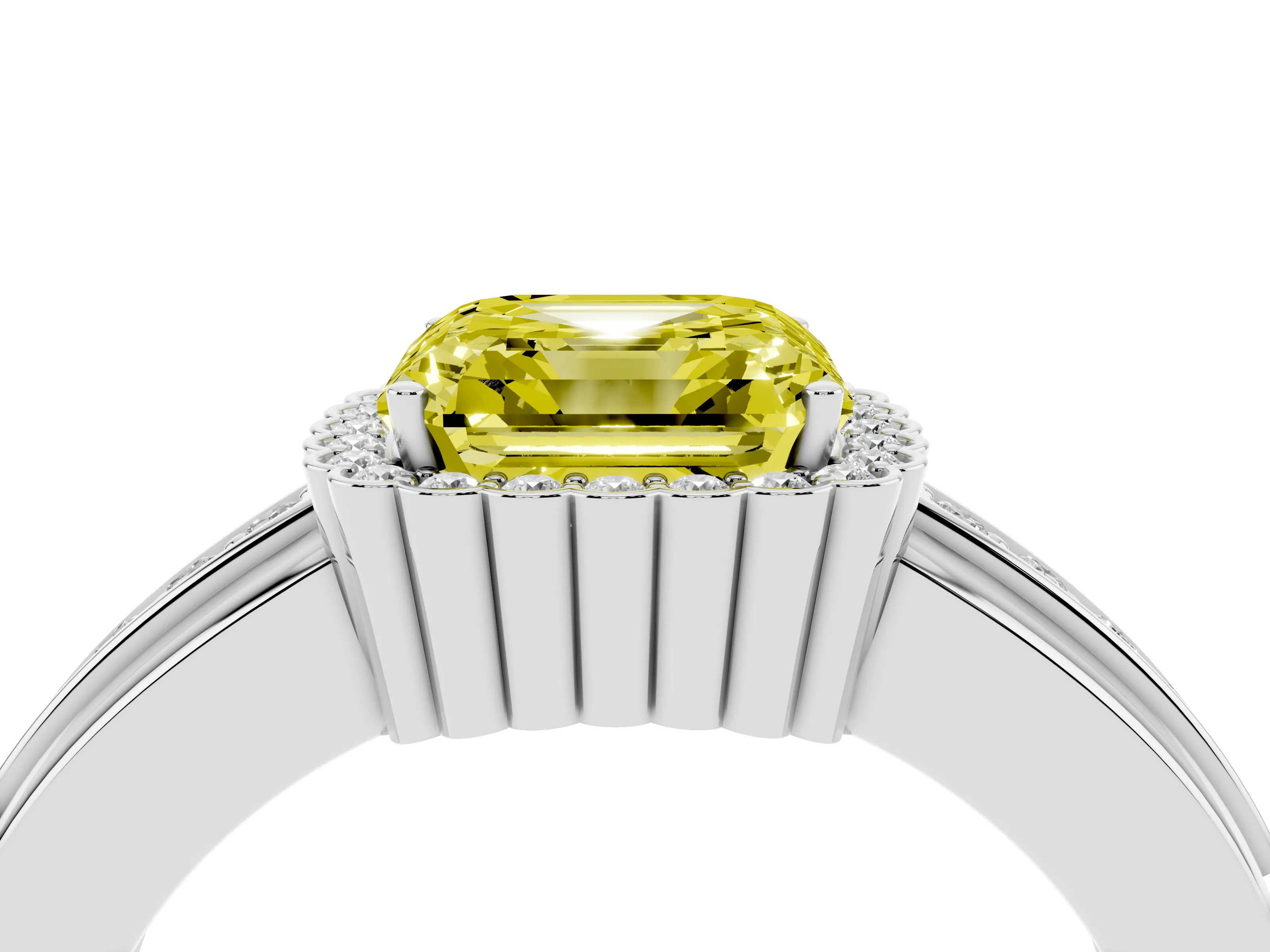 Fancy Yellow Asscher Cut Diamond Halo Prong Ring Set in Platinum with Pavé Band