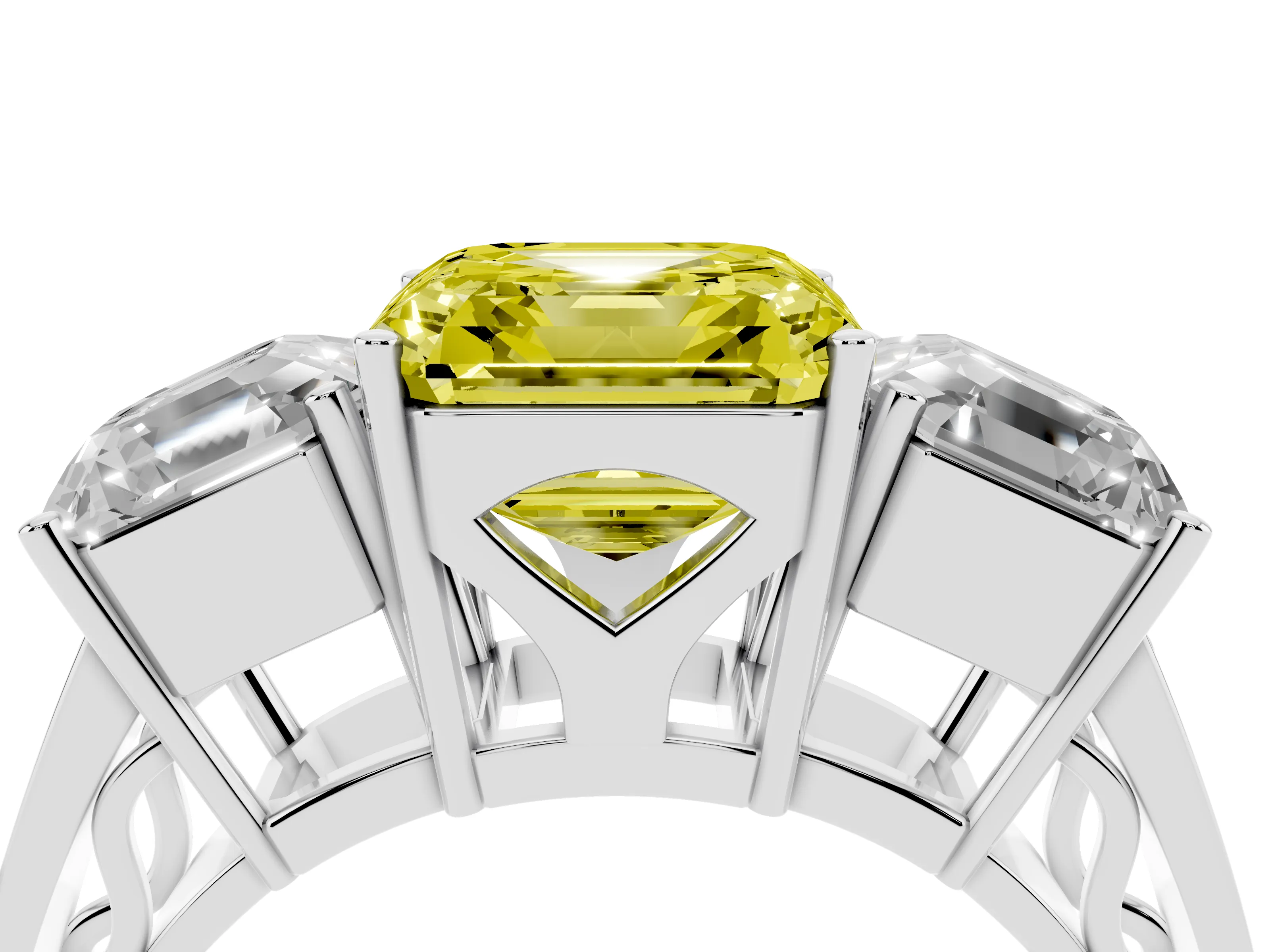 Fancy Yellow Asscher Cut Diamond Three-Stone Ring Set in White gold with Textured Band