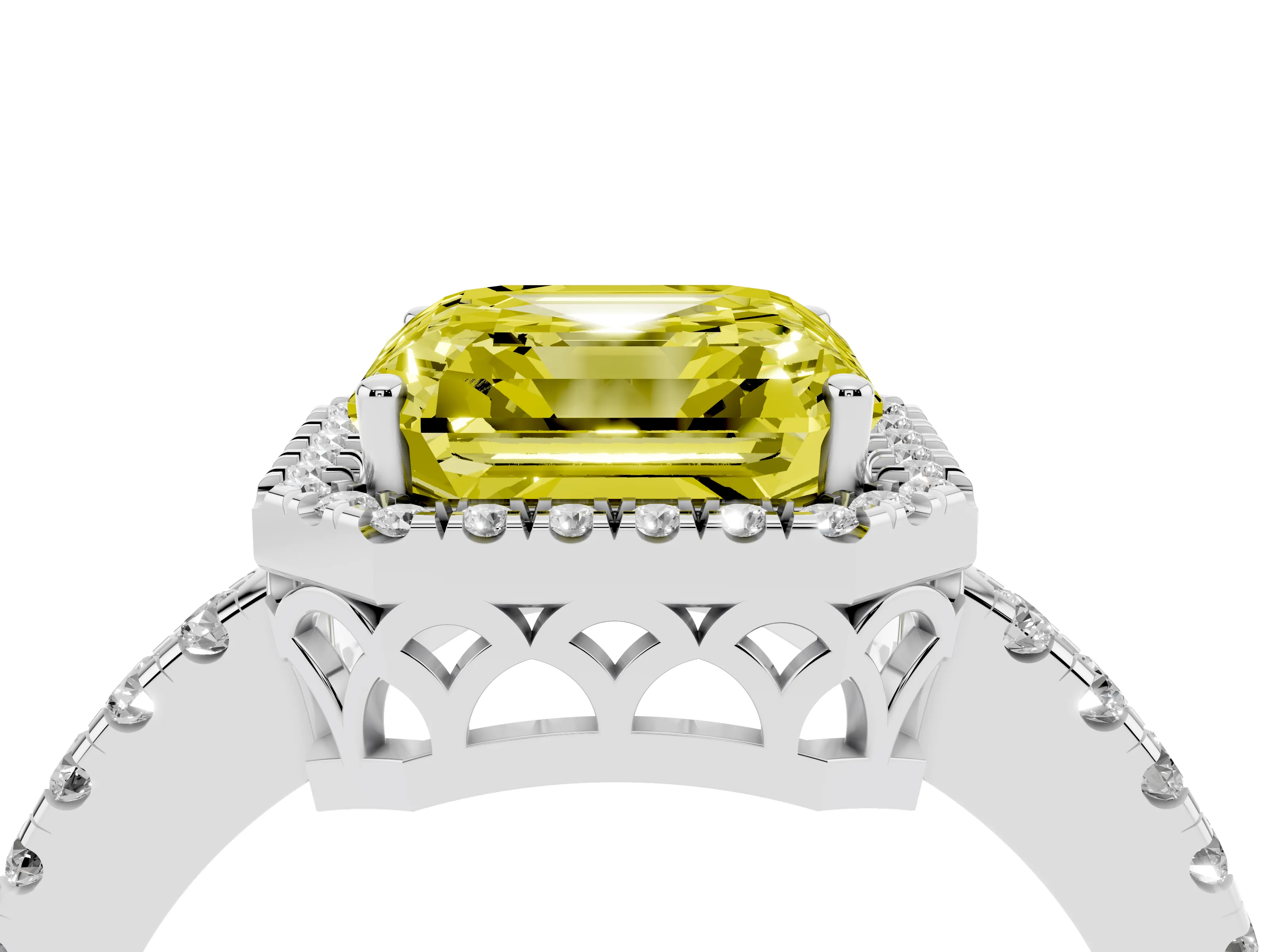 Fancy Yellow Asscher Cut Diamond Pavé Band Halo Engagement Ring Set in White gold with Prong Setting