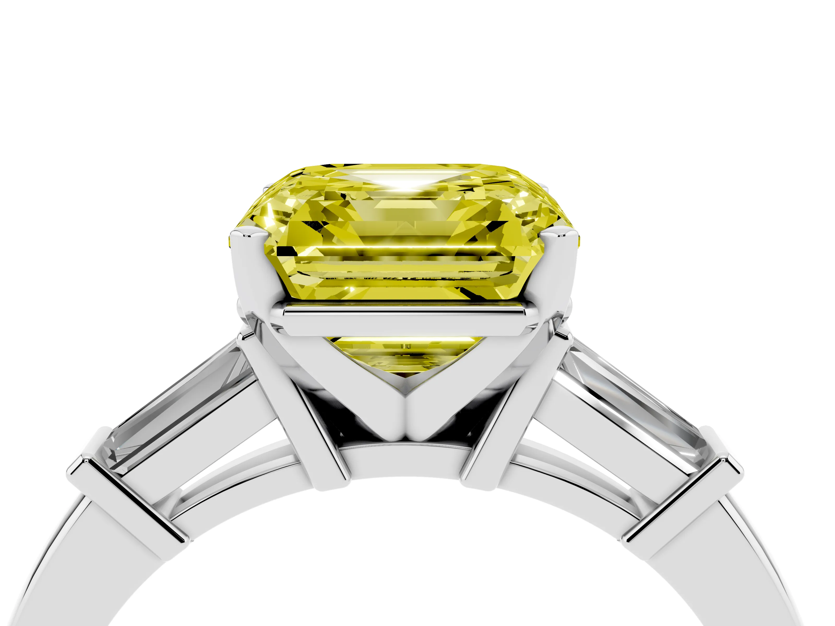 Fancy Yellow Asscher Cut Diamond Solitaire Ring Set in White gold with Tapered Baguette Accents and Prong Setting