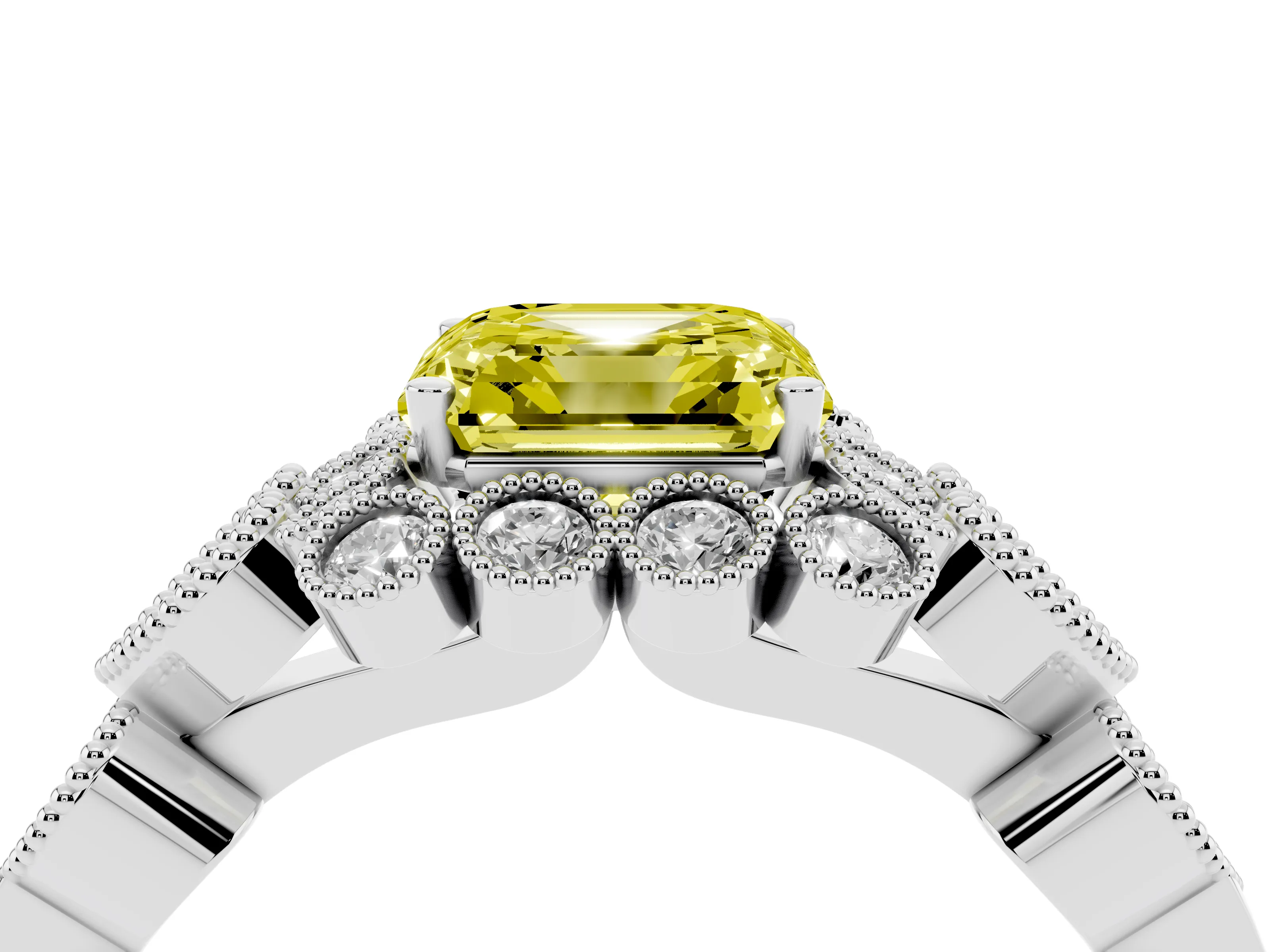 Fancy Yellow Asscher Cut Diamond Solitaire Ring Set in White gold with Milgrain Pavé Heart Band