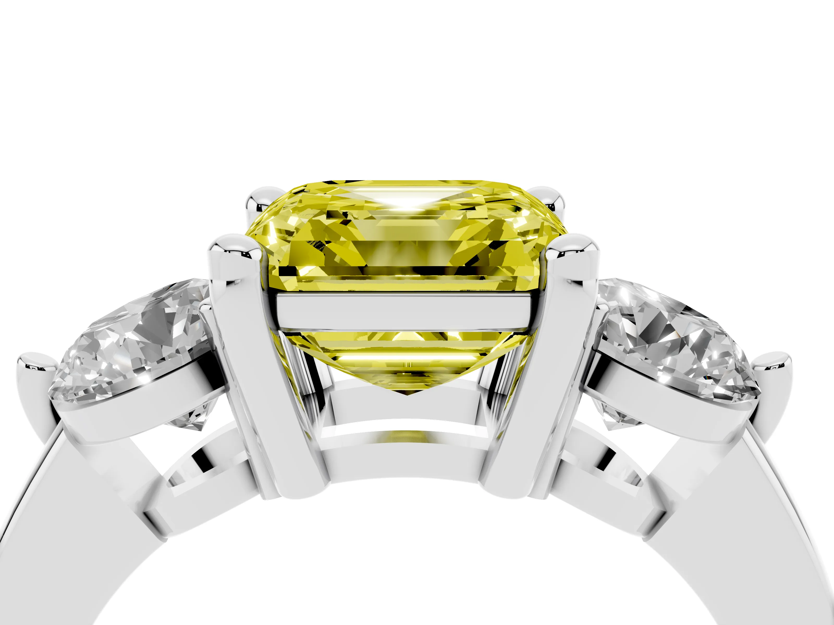 Fancy Yellow Asscher Cut Diamond Three-Stone Ring Set in White gold with Prong Setting and Classic Band