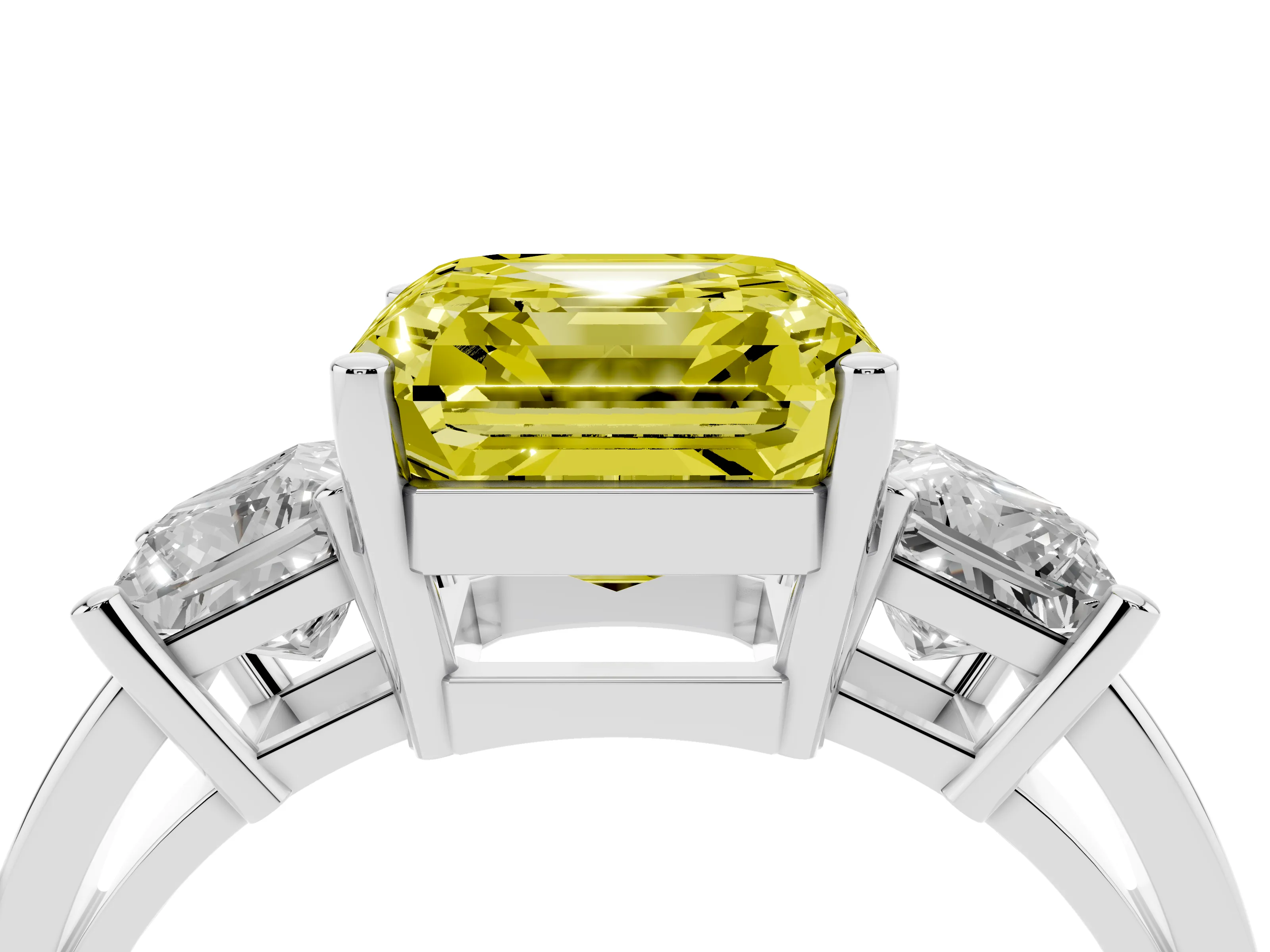 Fancy Yellow Three-Stone Asscher Cut Diamond Solitaire Ring Set in Silver with Prong Setting