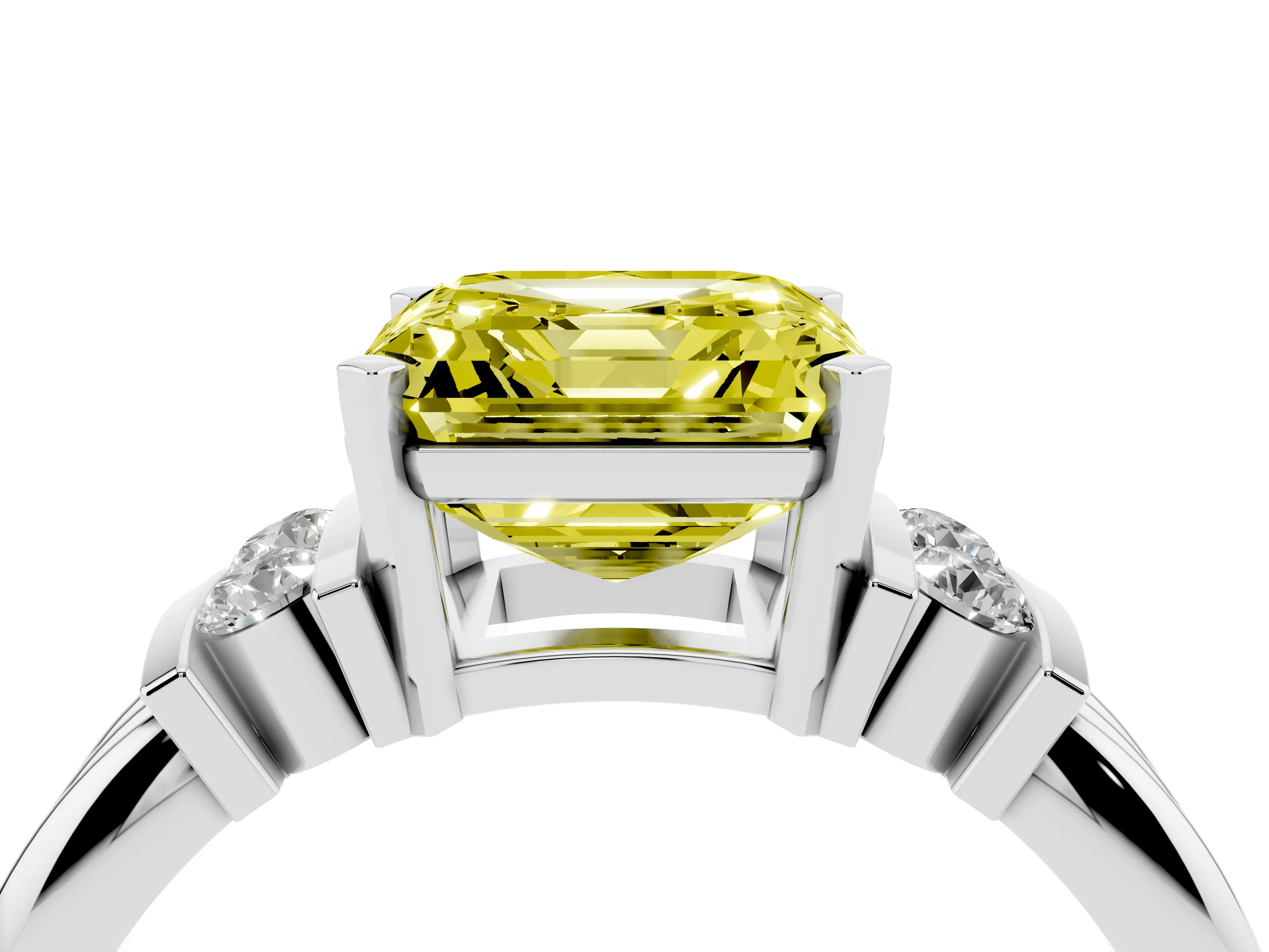 Fancy Yellow Three-Stone Asscher Cut Diamond Channel Set Ring Set in Silver with Bar Prongs