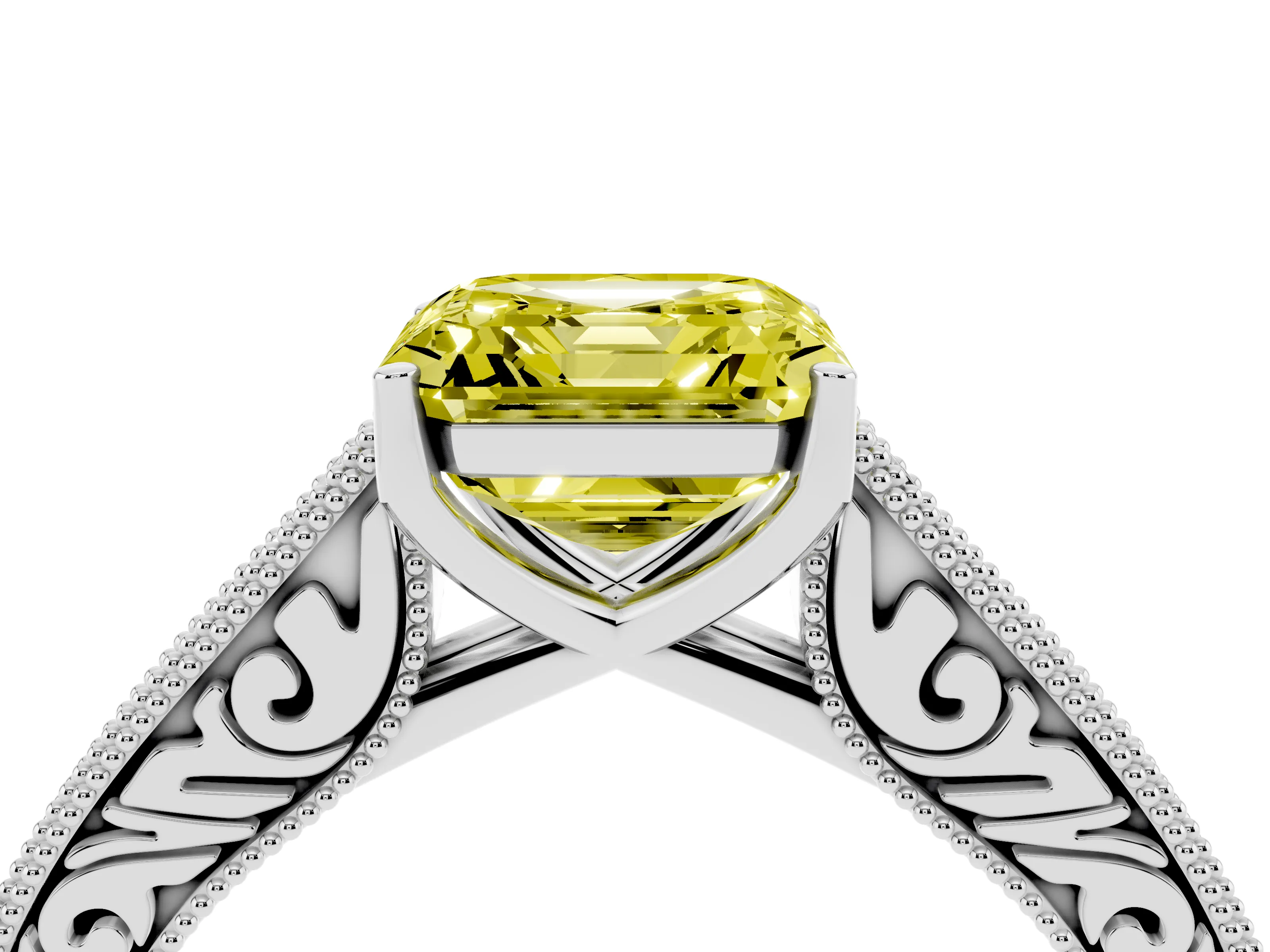 Fancy Yellow Asscher Cut Diamond Milgrain Pavé Band Solitaire Ring Set in Platinum with Prong Setting