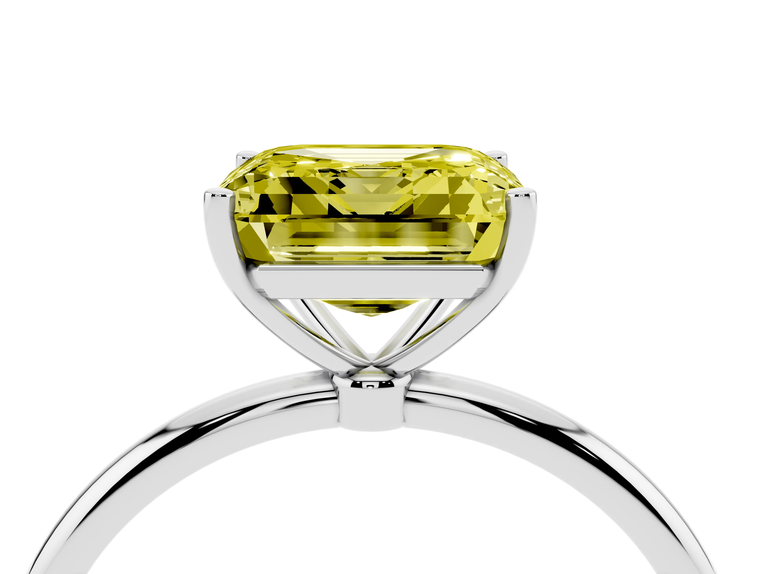 Fancy Yellow Asscher Cut Diamond Solitaire Engagement Ring Set in Platinum with Thin Band and Prong Setting