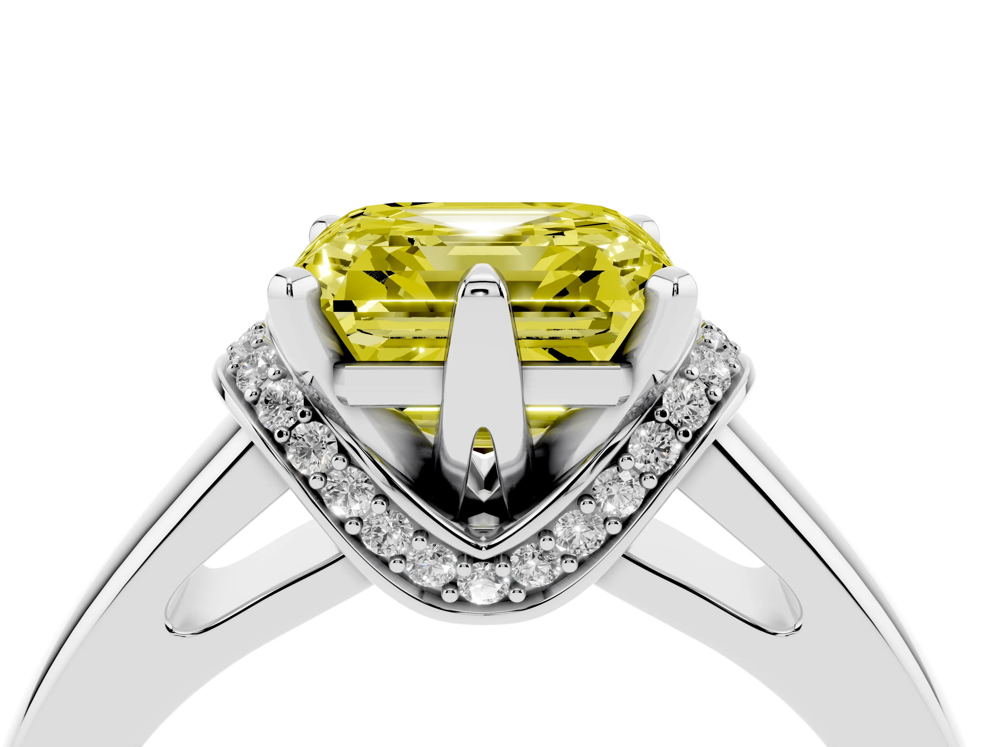 Fancy Yellow Asscher Cut Diamond Pavé Band Solitaire Ring Set in Silver with Prong Setting