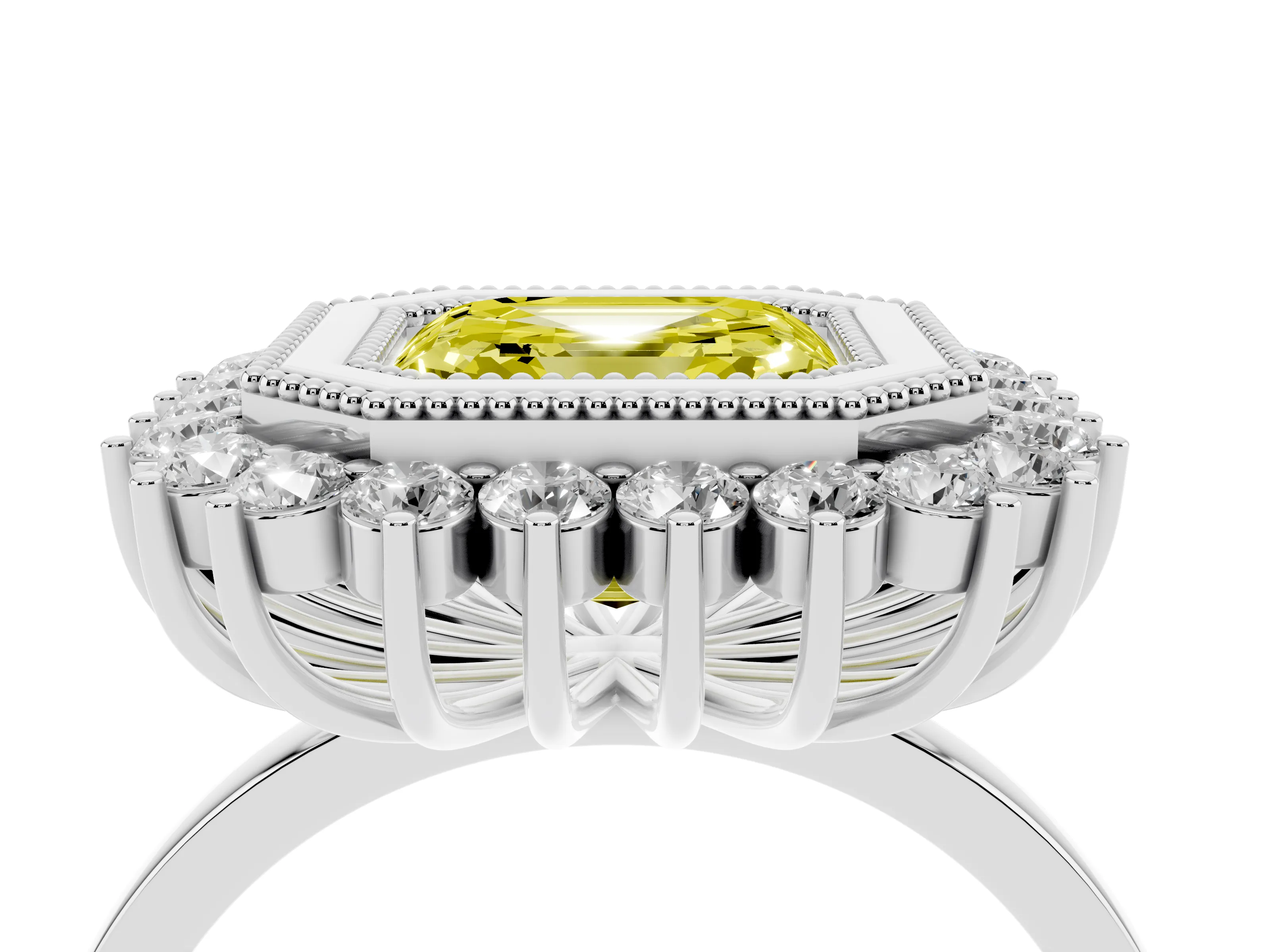 Fancy Yellow Asscher Cut Diamond Halo Ring Set in Silver with Milgrain Edge and Round Prong Setting