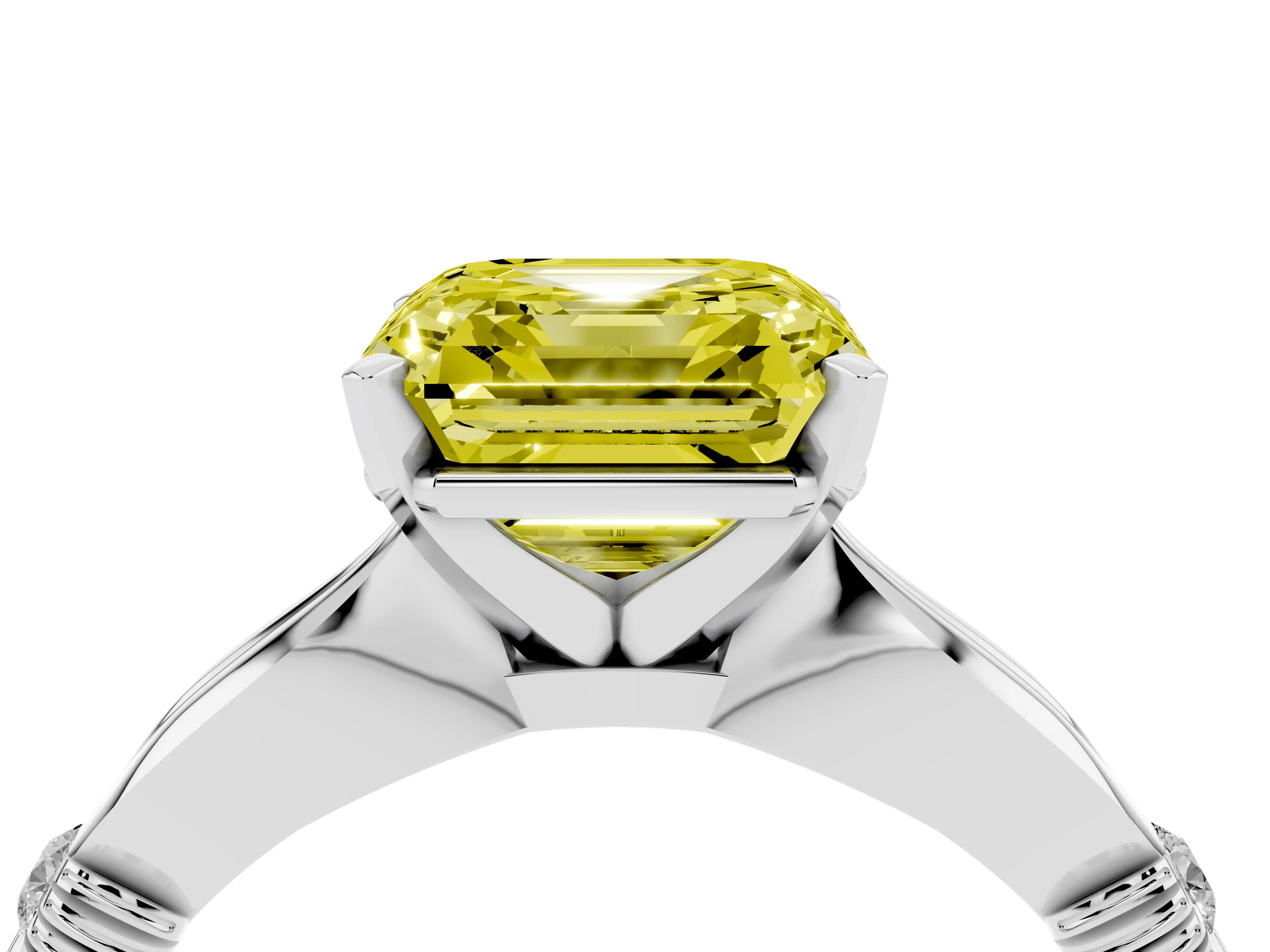 Fancy Yellow Asscher Cut Diamond Solitaire Twisted Band Ring Set in Platinum with Accent Stones and Prong Setting