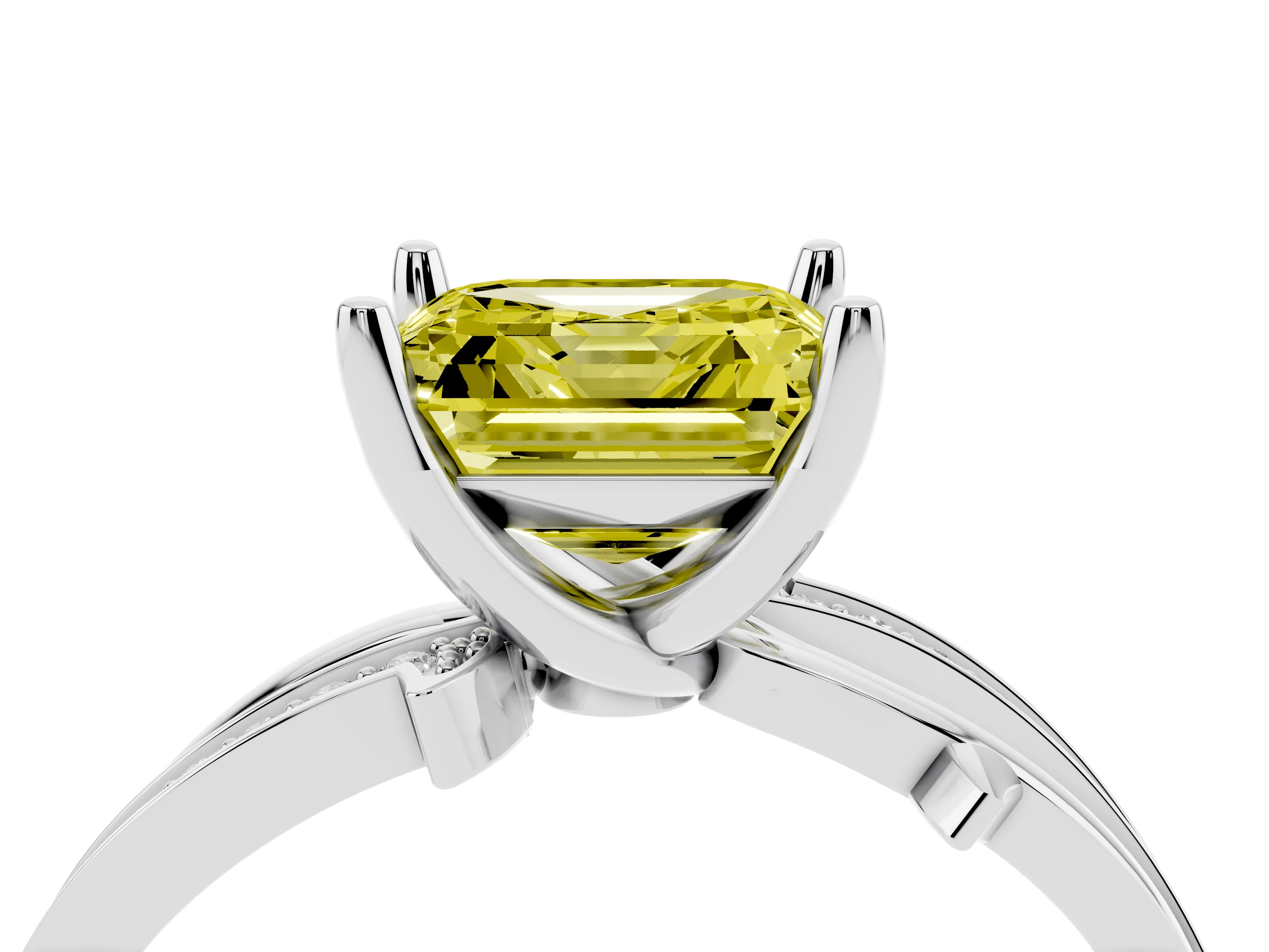 Fancy Yellow Asscher Cut Diamond Pavé Twist Band Solitaire Ring Set in White gold with Prong Setting