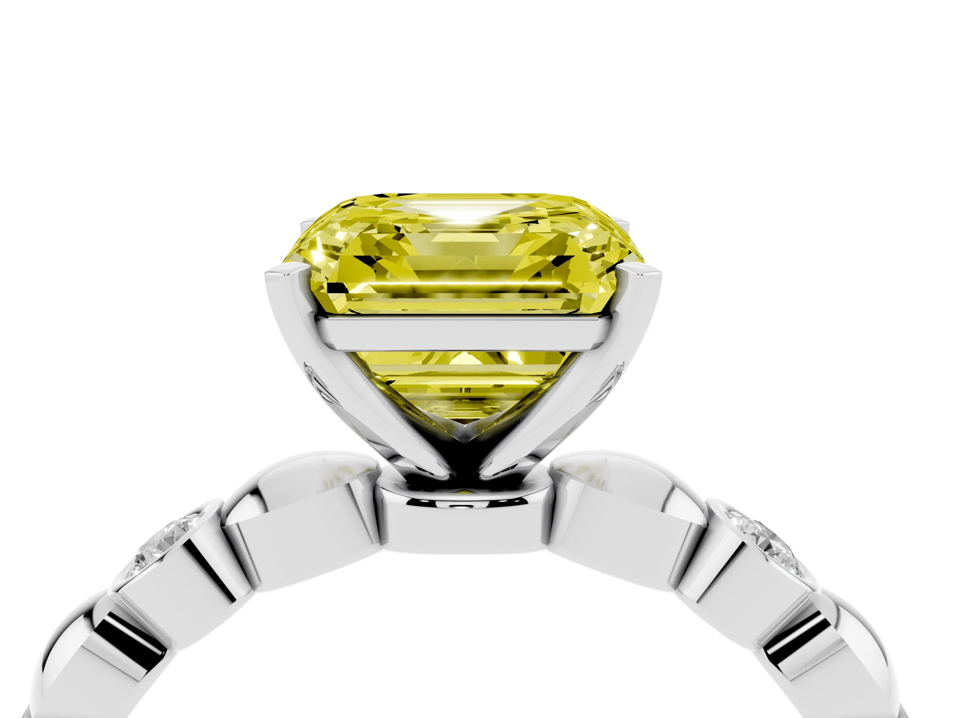 Fancy Yellow Asscher Cut Diamond Solitaire Ring Set in White gold with Bezel-Set Accents on Beaded Band and Prong Setting