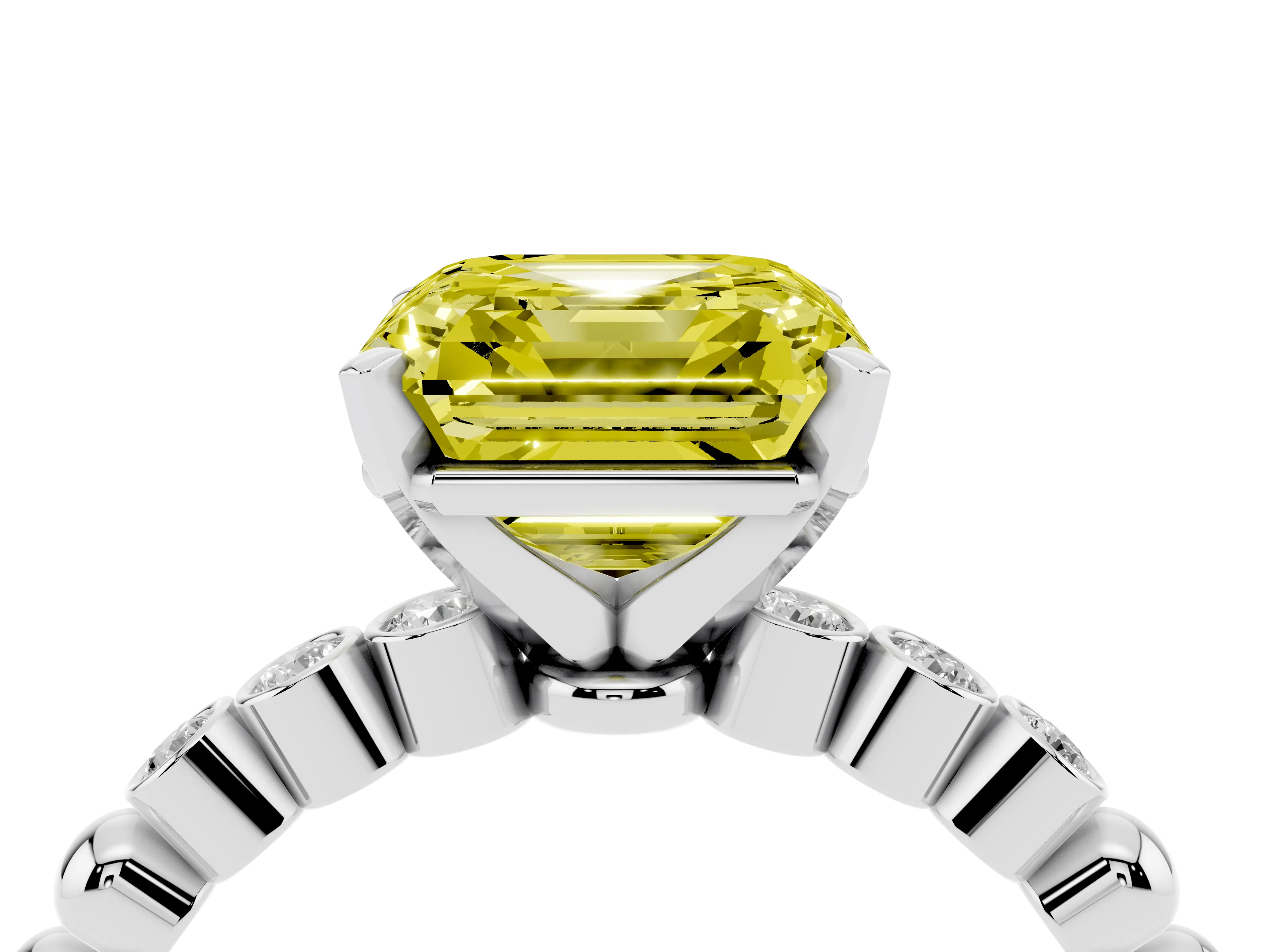 Fancy Yellow Asscher Cut Diamond Solitaire Engagement Ring Set in White gold with Bezel Accents on Beaded Band