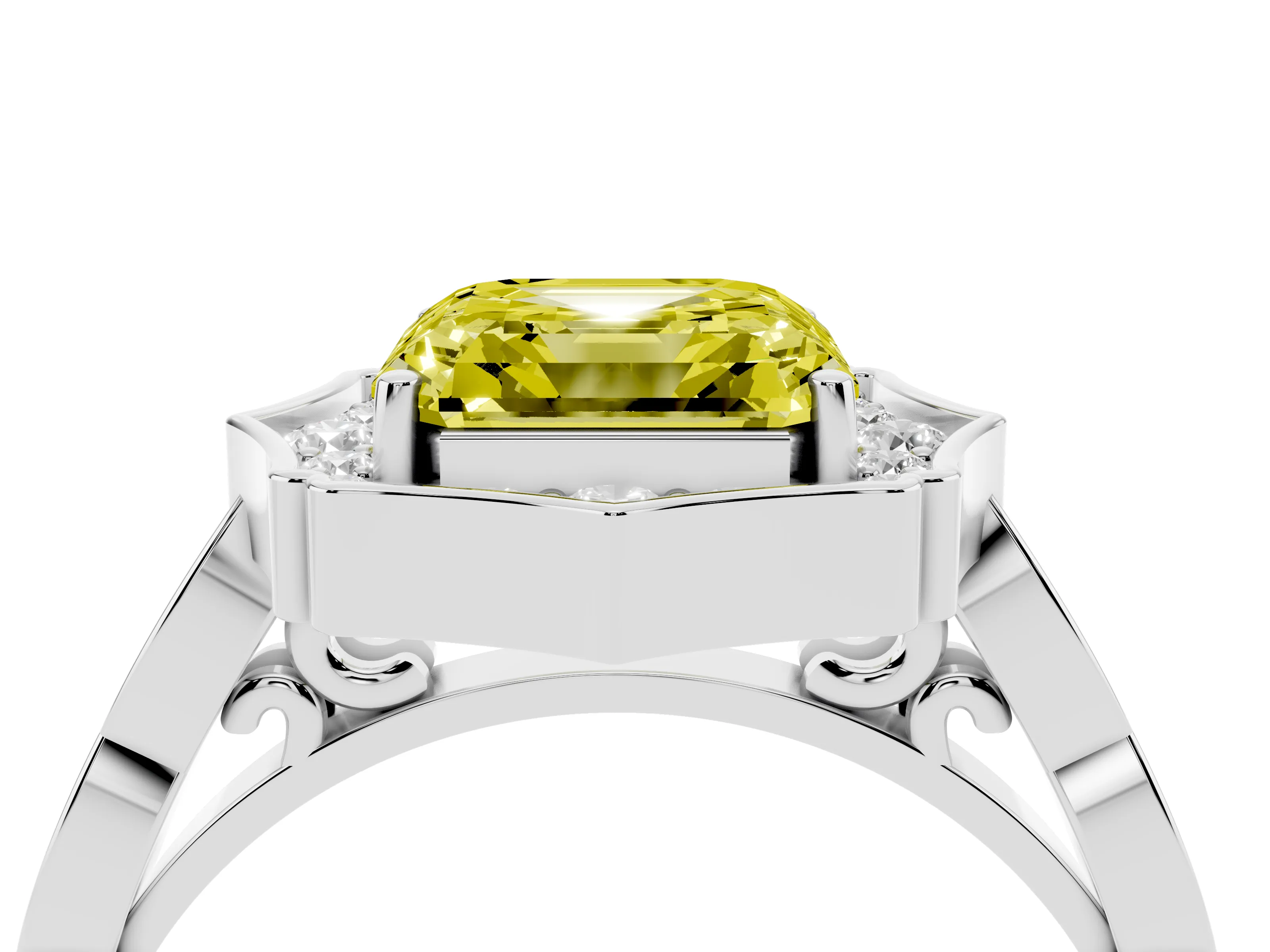 Fancy Yellow Asscher Cut Diamond Halo Engagement Ring Set in Platinum with Milgrain Band and Prong Setting