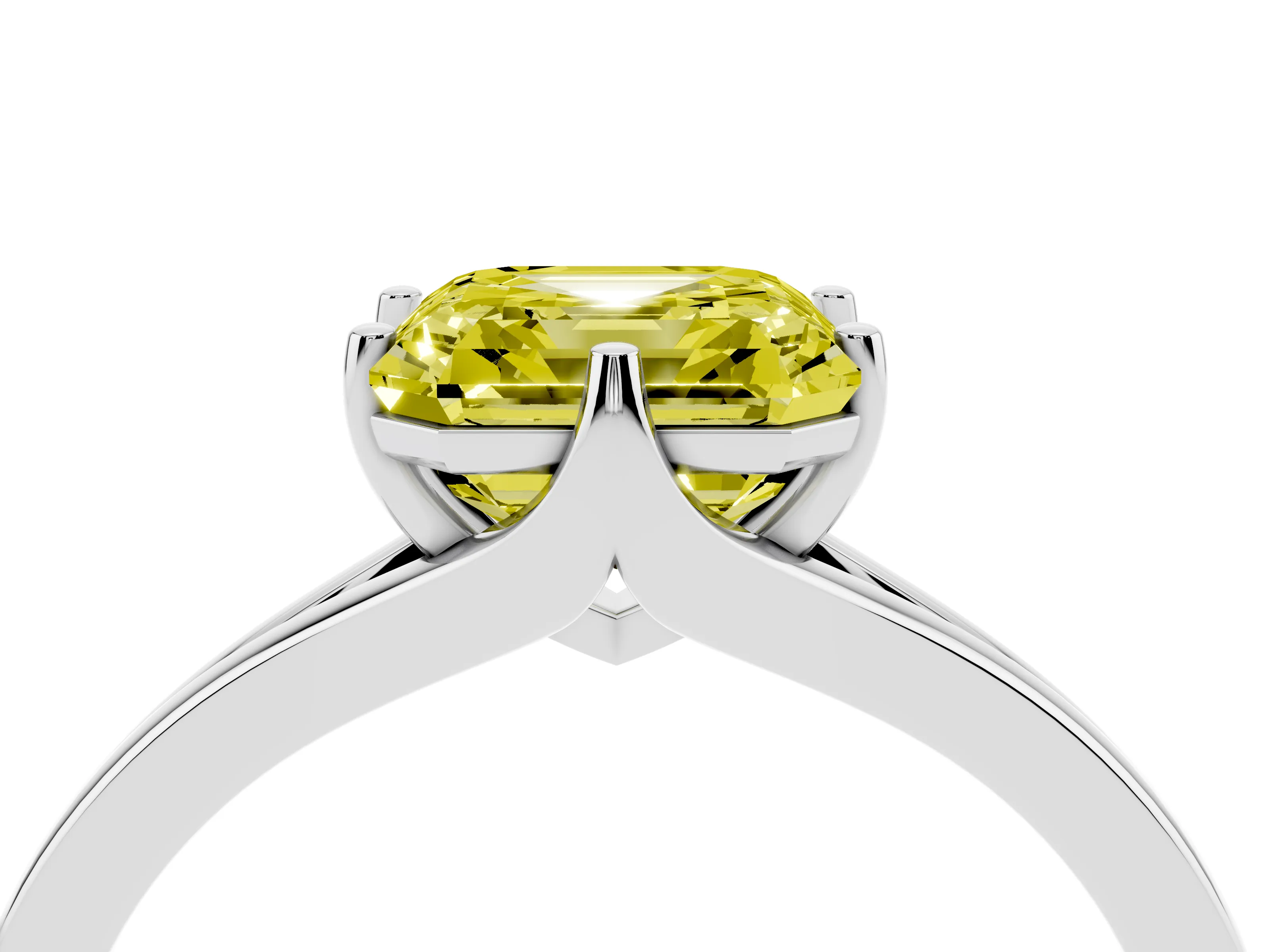 Fancy Yellow Asscher Cut Diamond Solitaire Ring Set in White gold with Polished Tapered Band and Prong Setting
