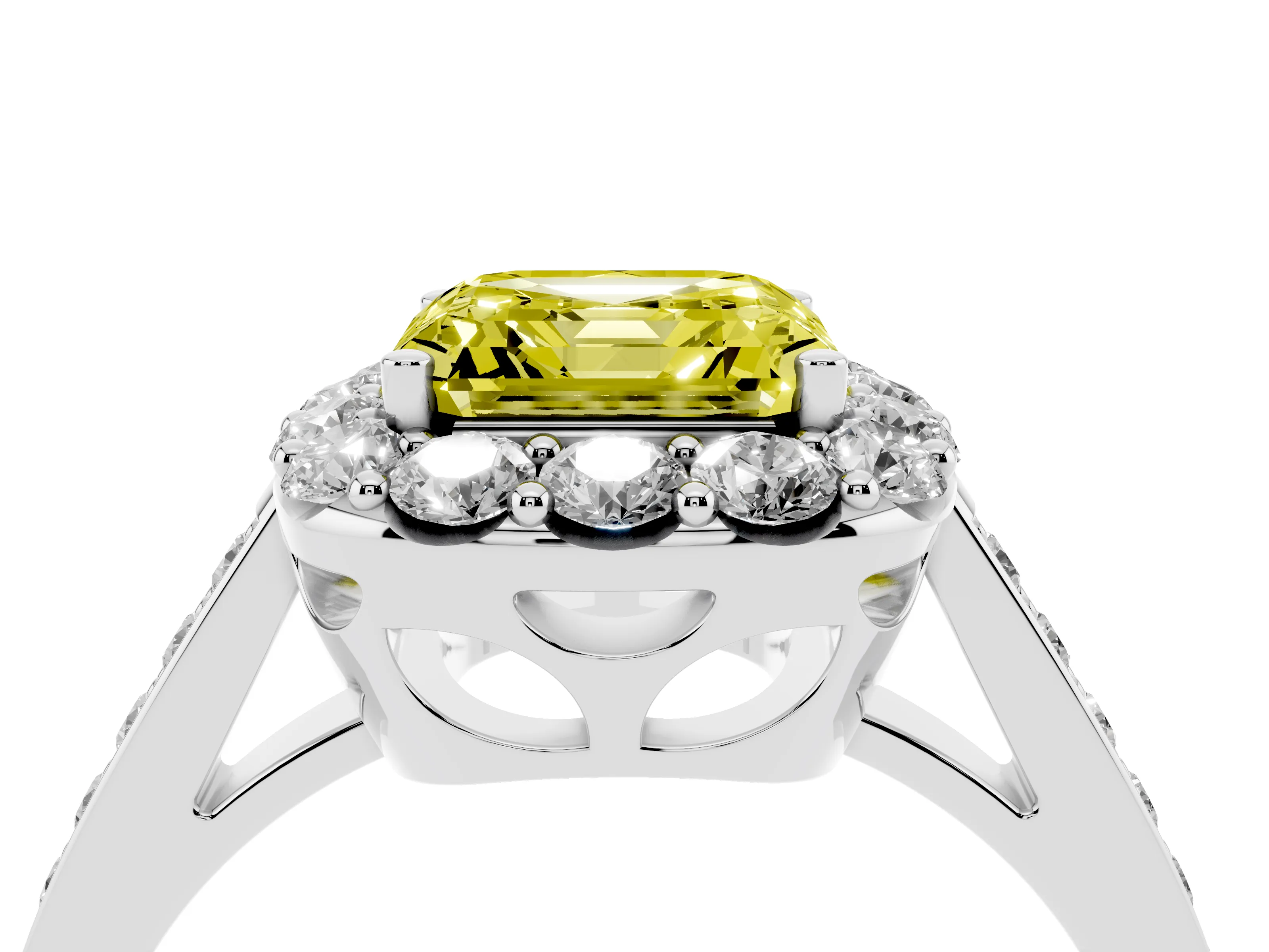 Fancy Yellow Asscher Cut Diamond Floral Halo Ring Set in White gold with Pavé Band and Prong Setting