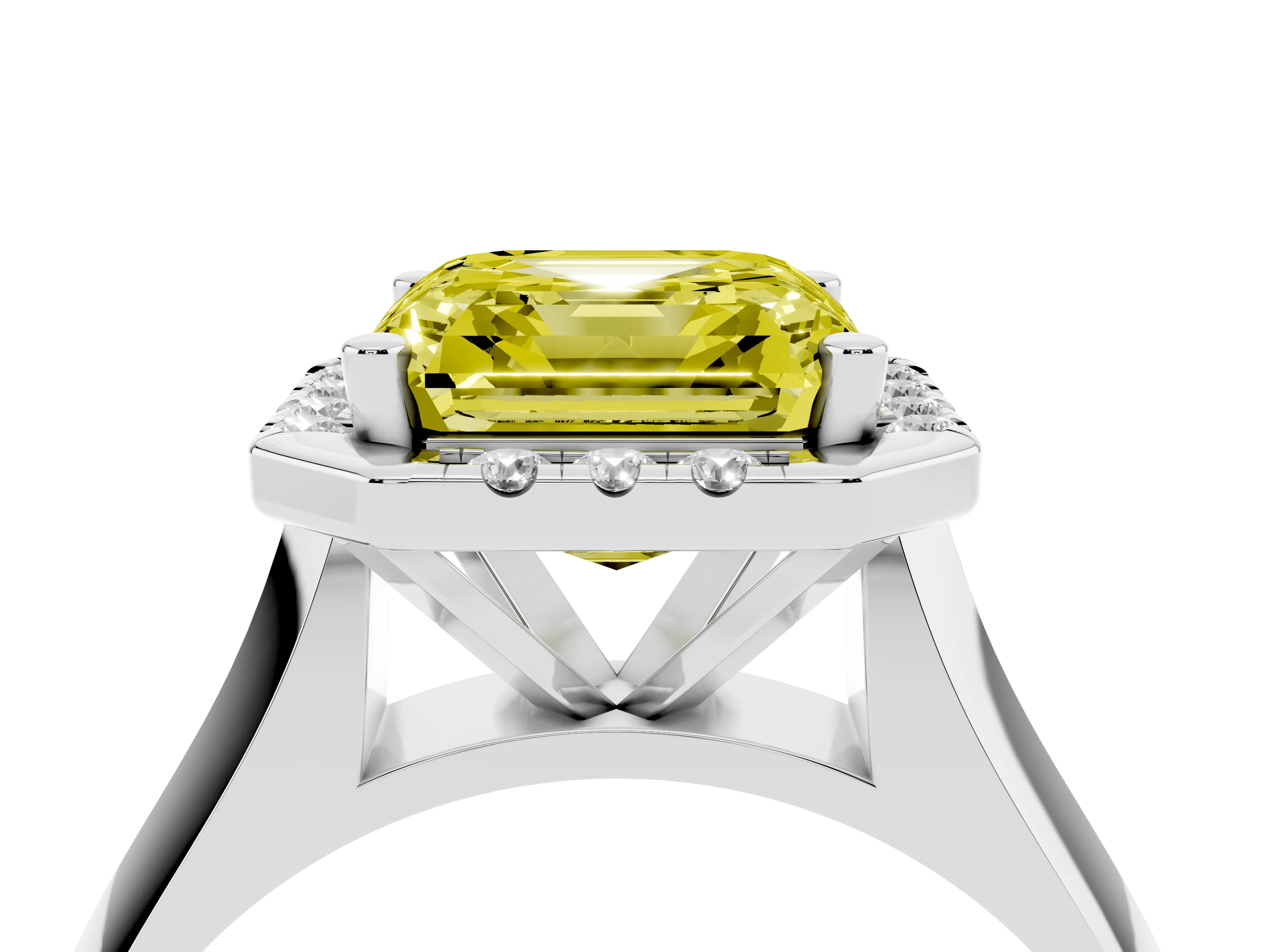 Fancy Yellow Asscher Cut Diamond Halo Solitaire Engagement Ring Set in White gold with Square Band and Prong Setting