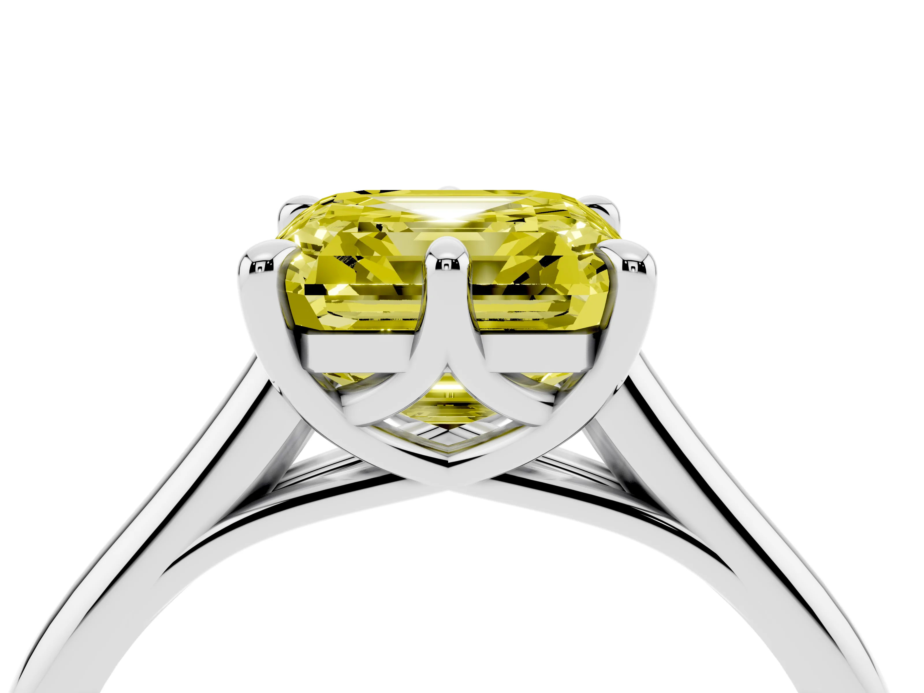 Fancy Yellow Asscher Cut Diamond Solitaire Engagement Ring Set in Platinum with Prong Setting and Plain Classic Band