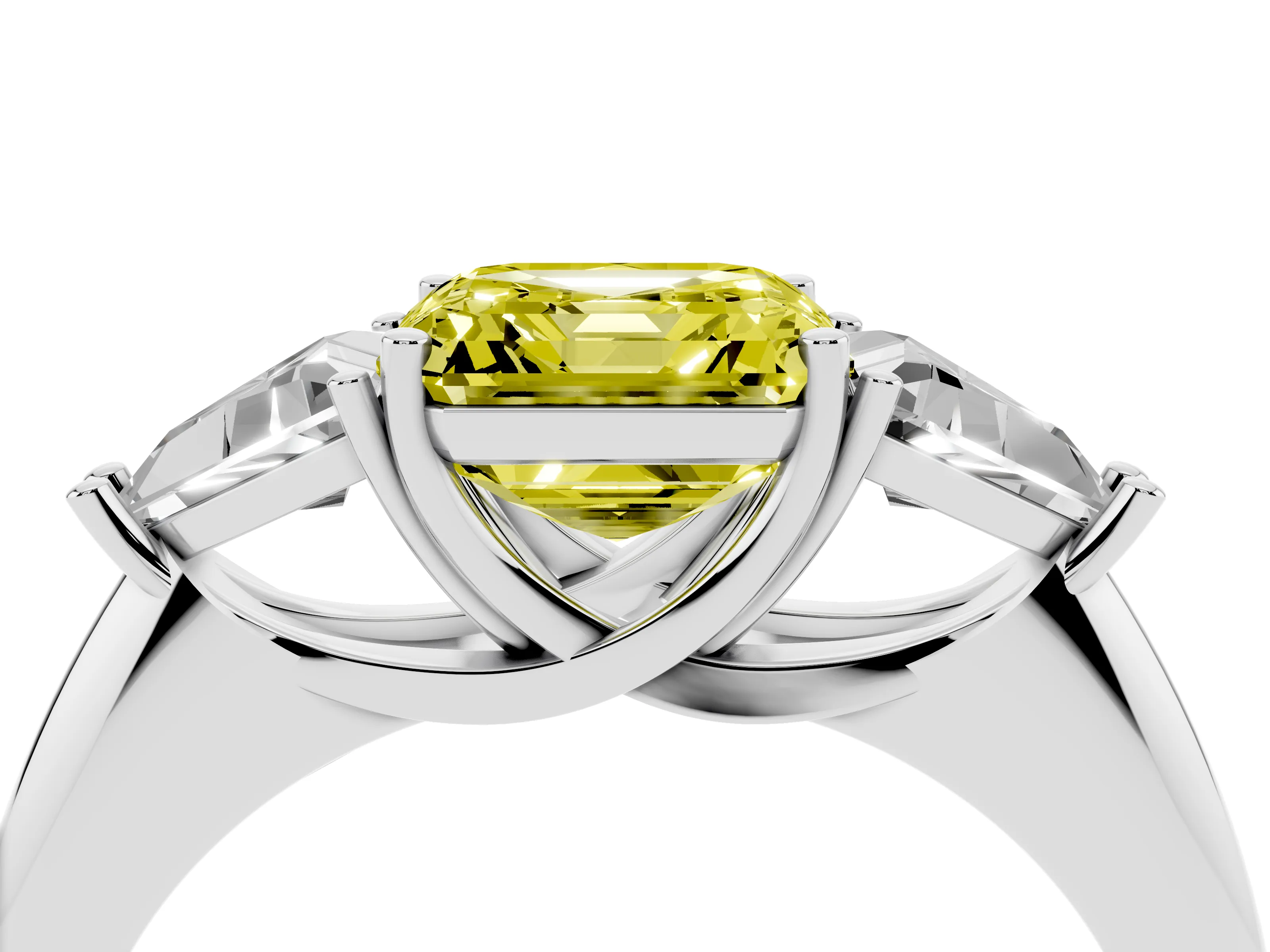 Fancy Yellow Asscher Cut Diamond Three-Stone Engagement Ring Set in White gold with Trillion Side Stones