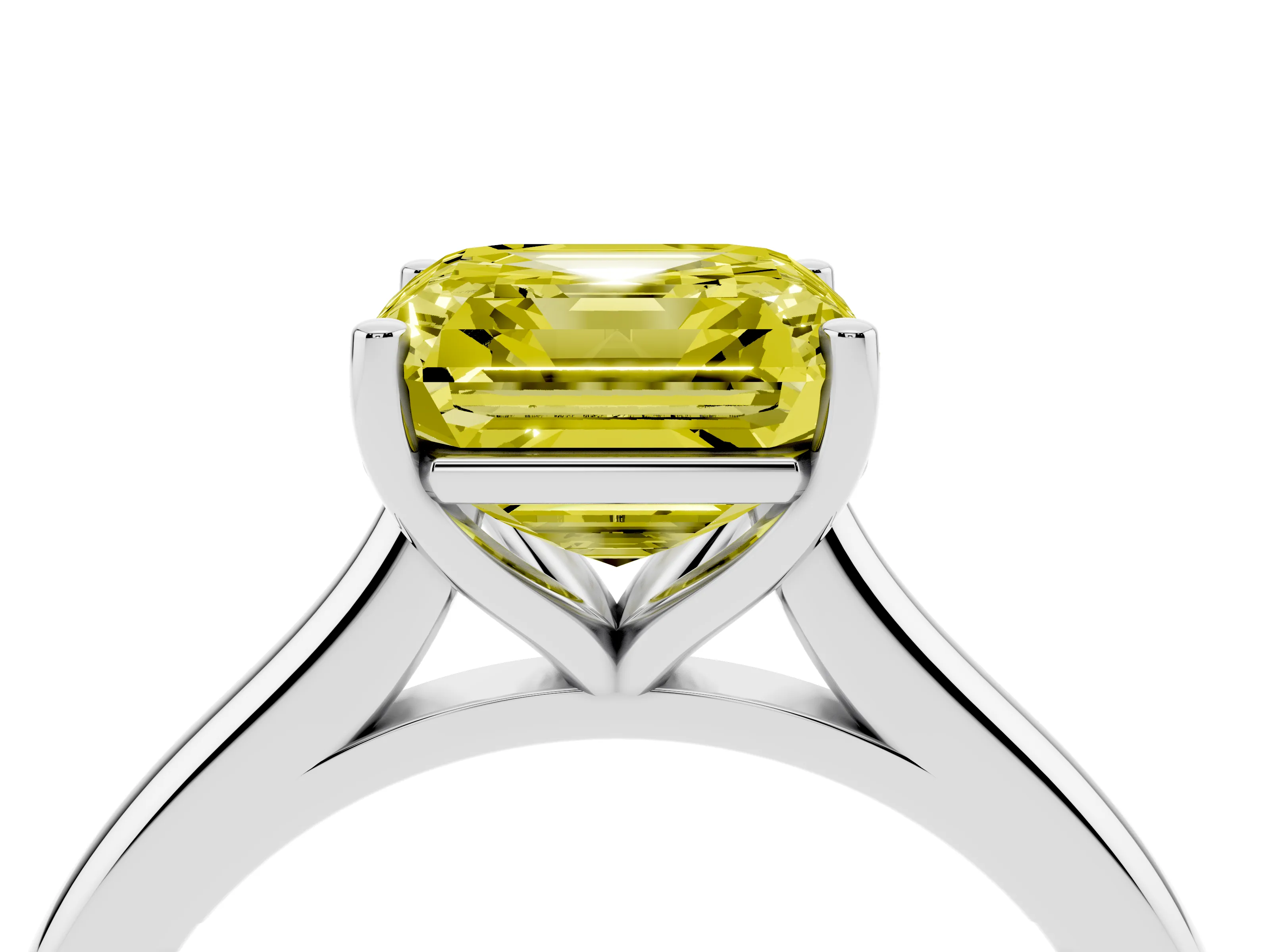 Fancy Yellow Asscher Cut Diamond Solitaire Ring Set in Silver with Cathedral Band and Prong Setting