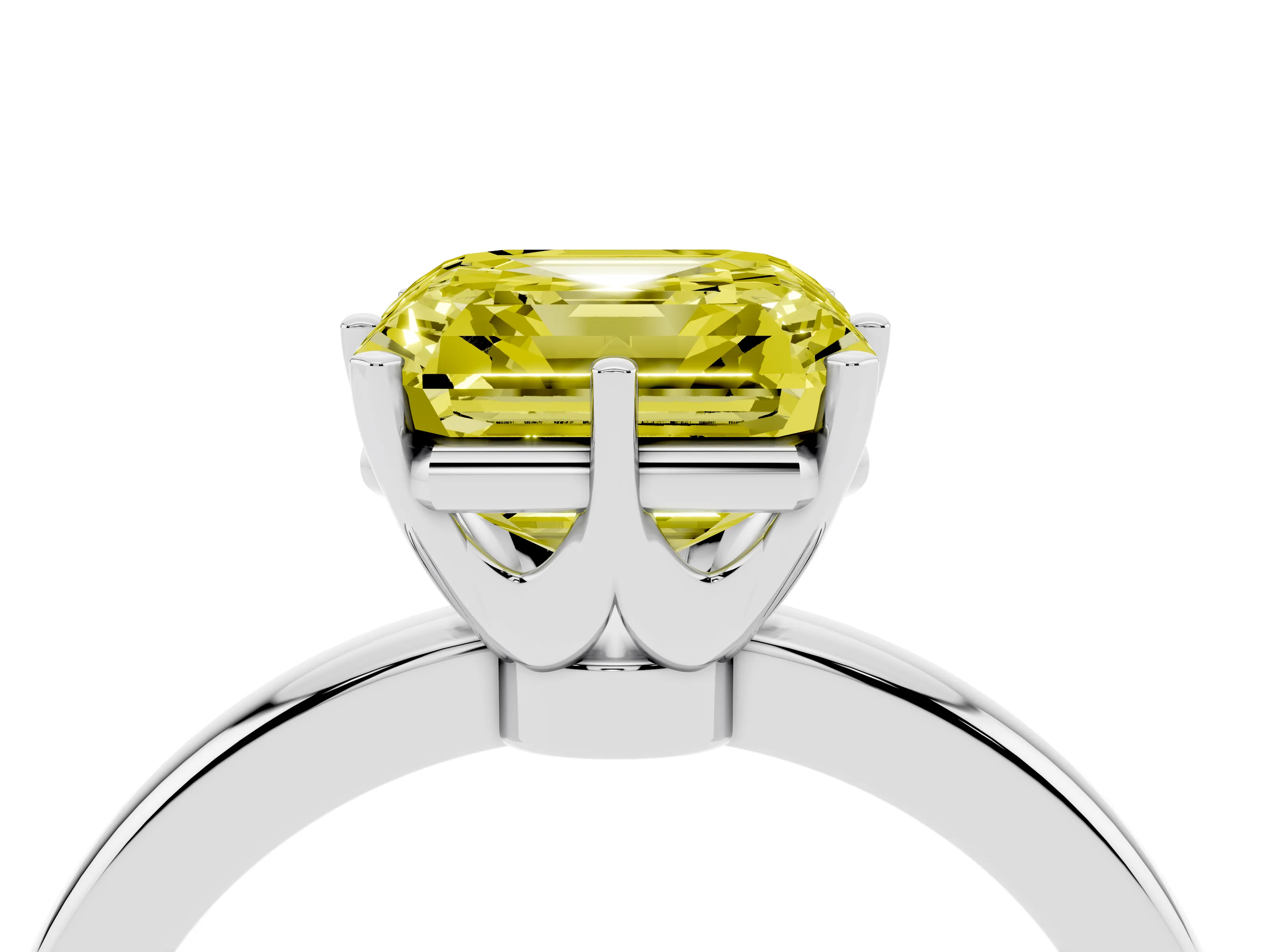 Fancy Yellow Asscher Cut Diamond Solitaire Ring Set in White gold with Raised Prong Setting on a Classic Band