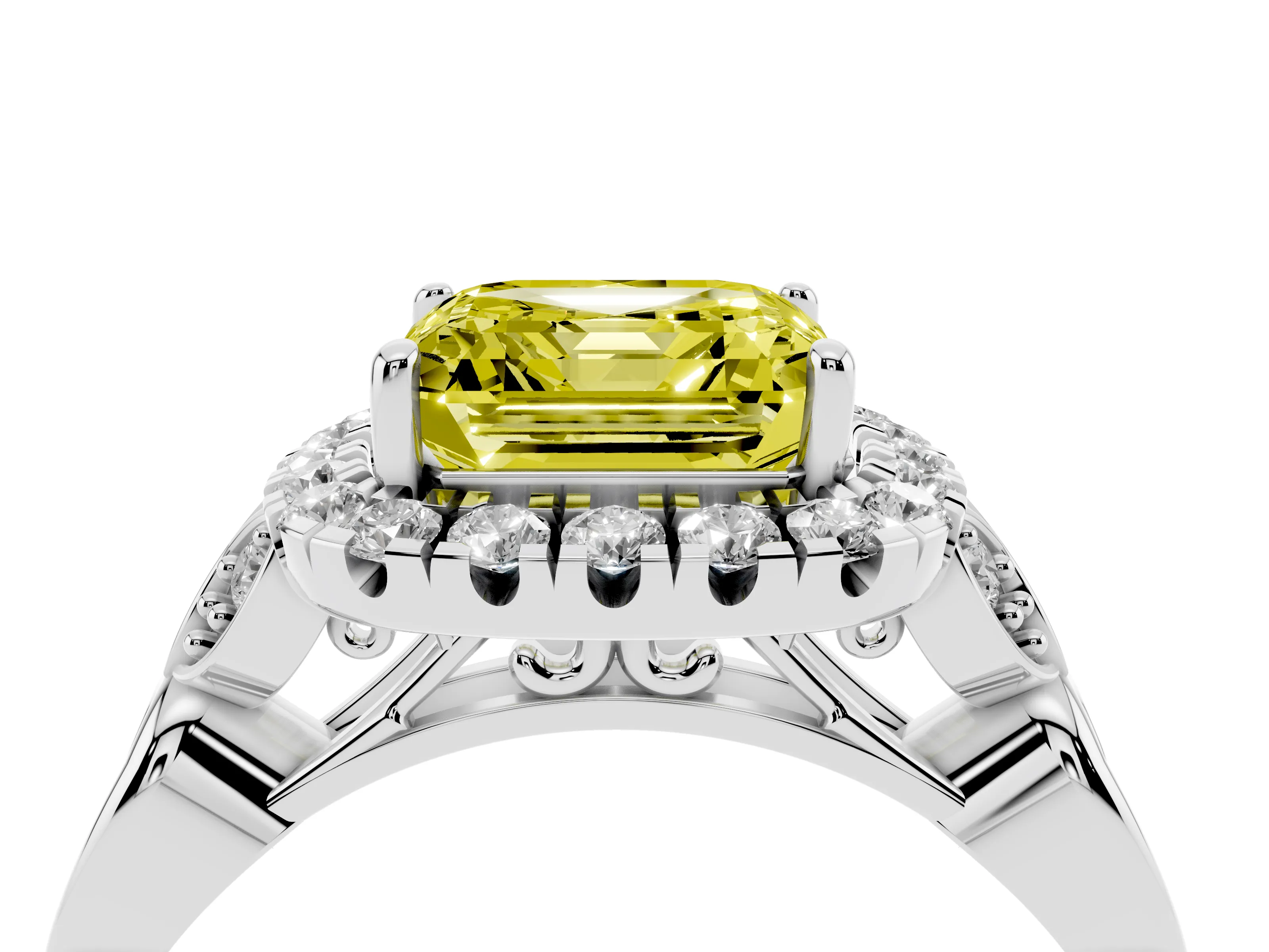 Fancy Yellow Asscher Cut Diamond Halo Engagement Ring Set in Platinum with Vintage-Inspired Band and Prong Setting