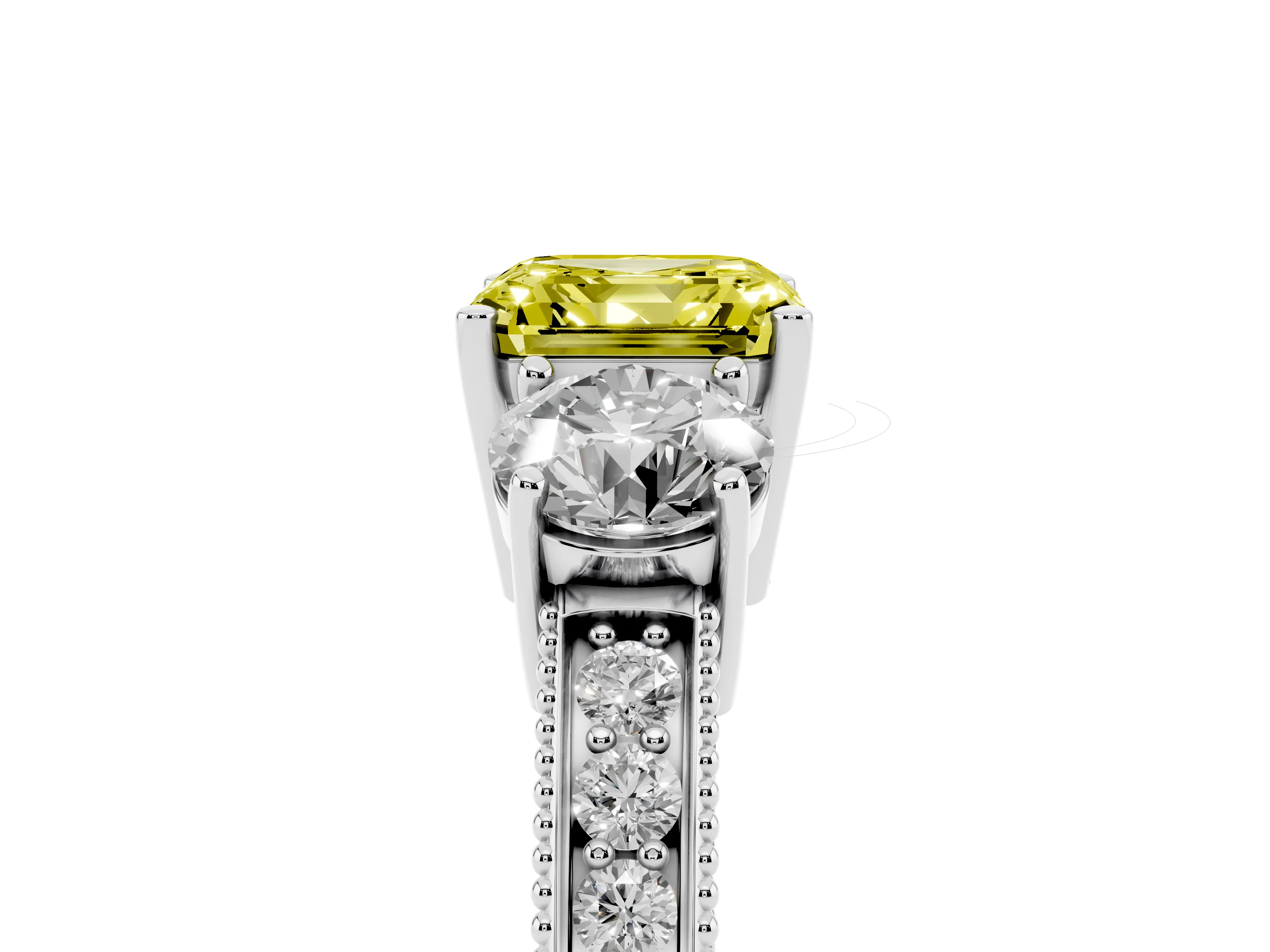 Fancy Yellow Asscher Cut Diamond Three-Stone Ring Set in White gold with Round Side Stones and Pavé Band