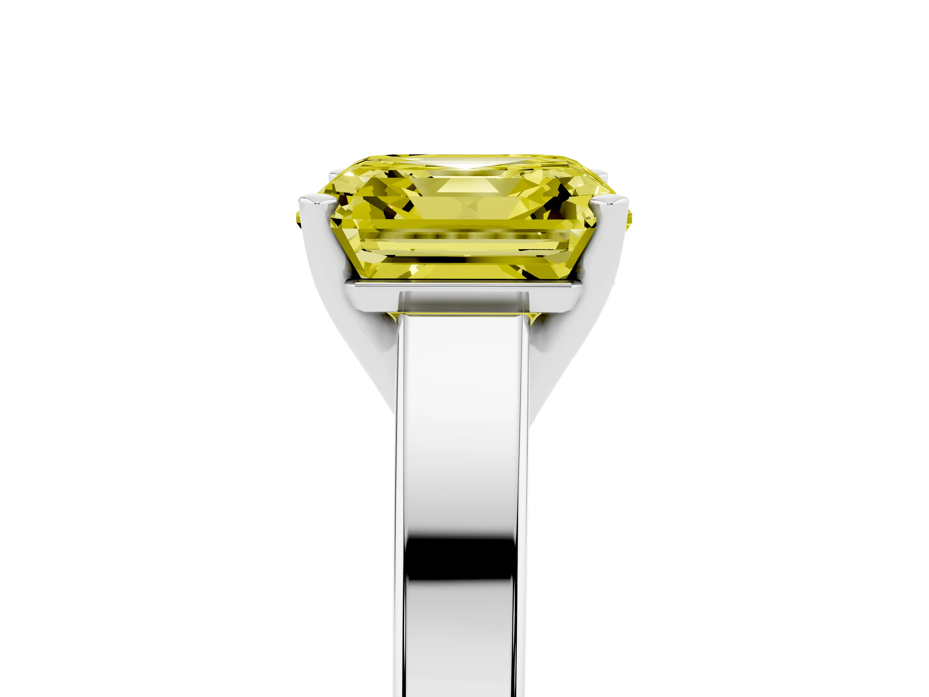 Fancy Yellow Asscher Cut Diamond Solitaire Engagement Ring Set in White gold with Prong Setting and Tapered Band