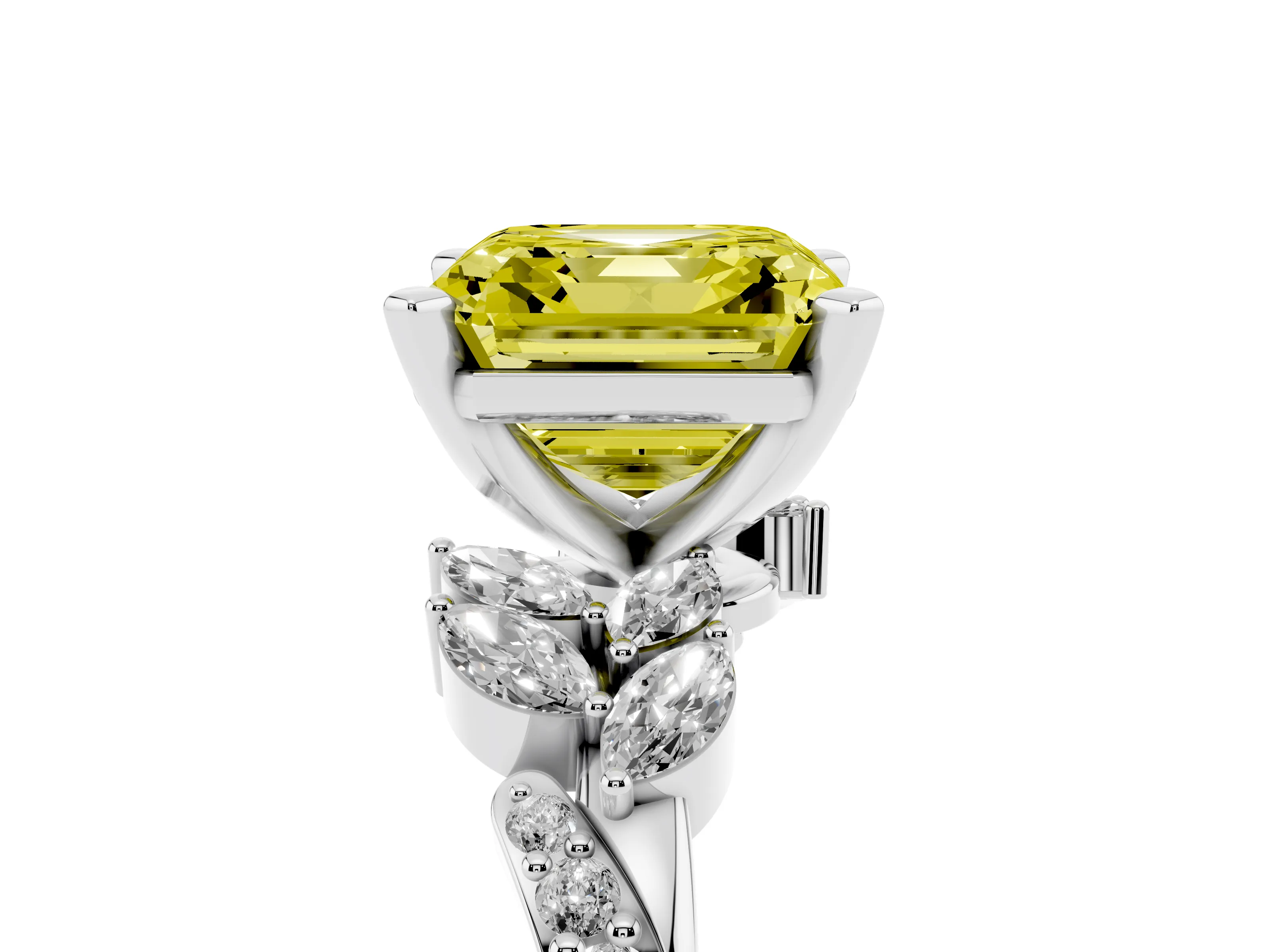 Fancy Yellow Asscher Cut Diamond Solitaire Ring Set in Platinum with Marquise Twist Band and Prong Setting