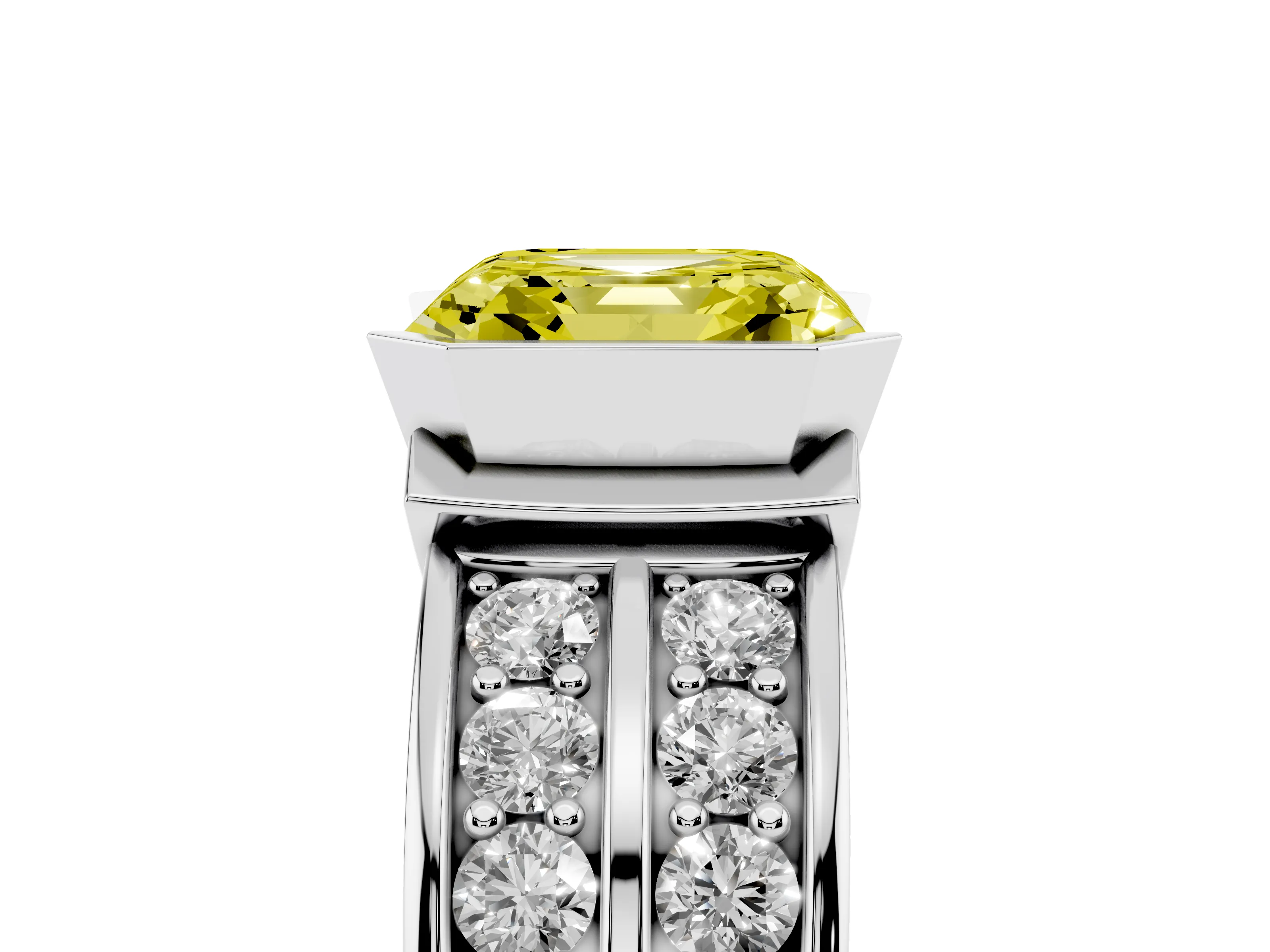 Fancy Yellow Asscher Cut Diamond Wide Channel Set Band Ring Set in Platinum with Bezel Setting