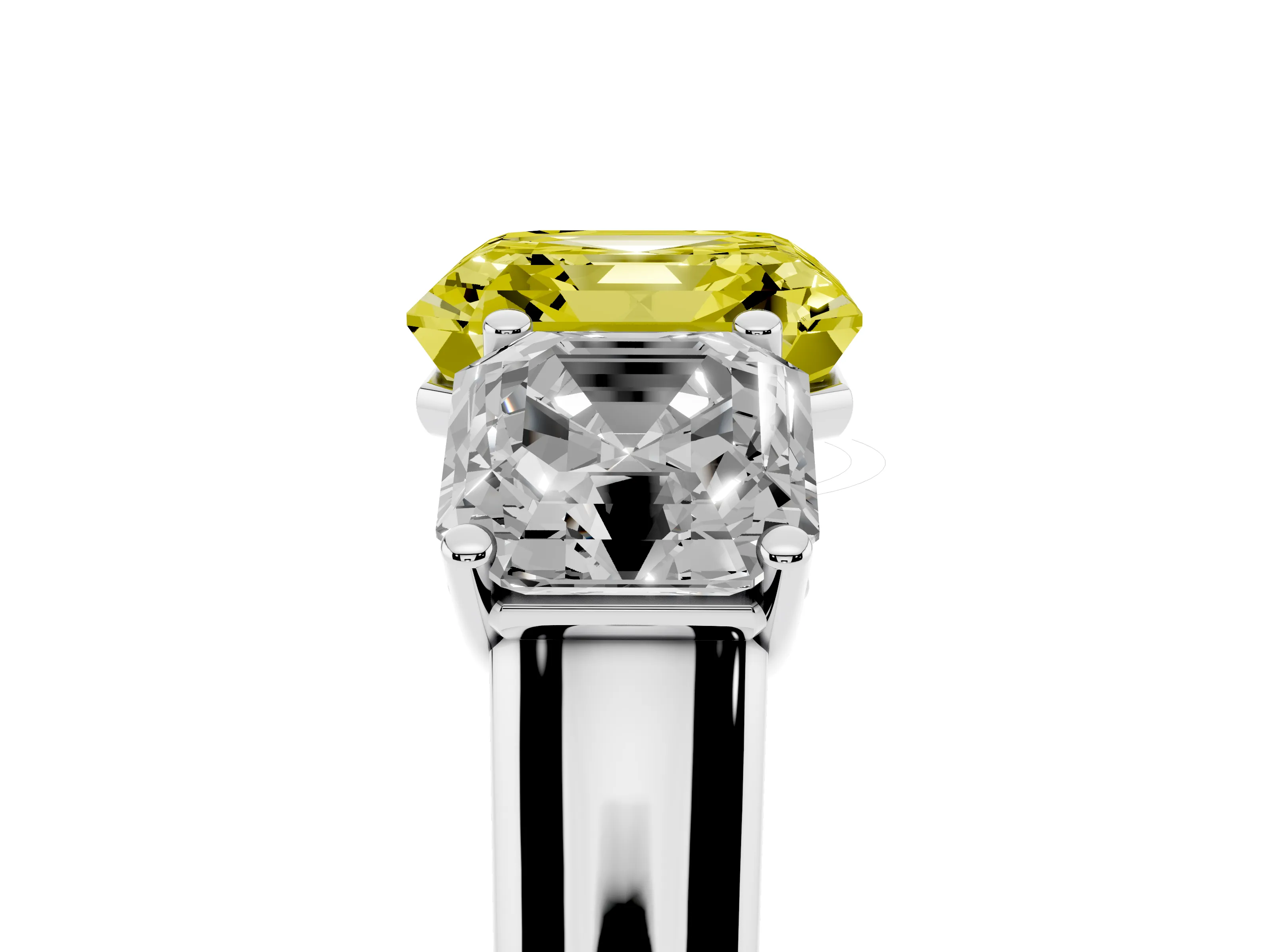 Fancy Yellow Asscher Cut Diamond Three-Stone Ring Set in White gold with Plain Polished Band
