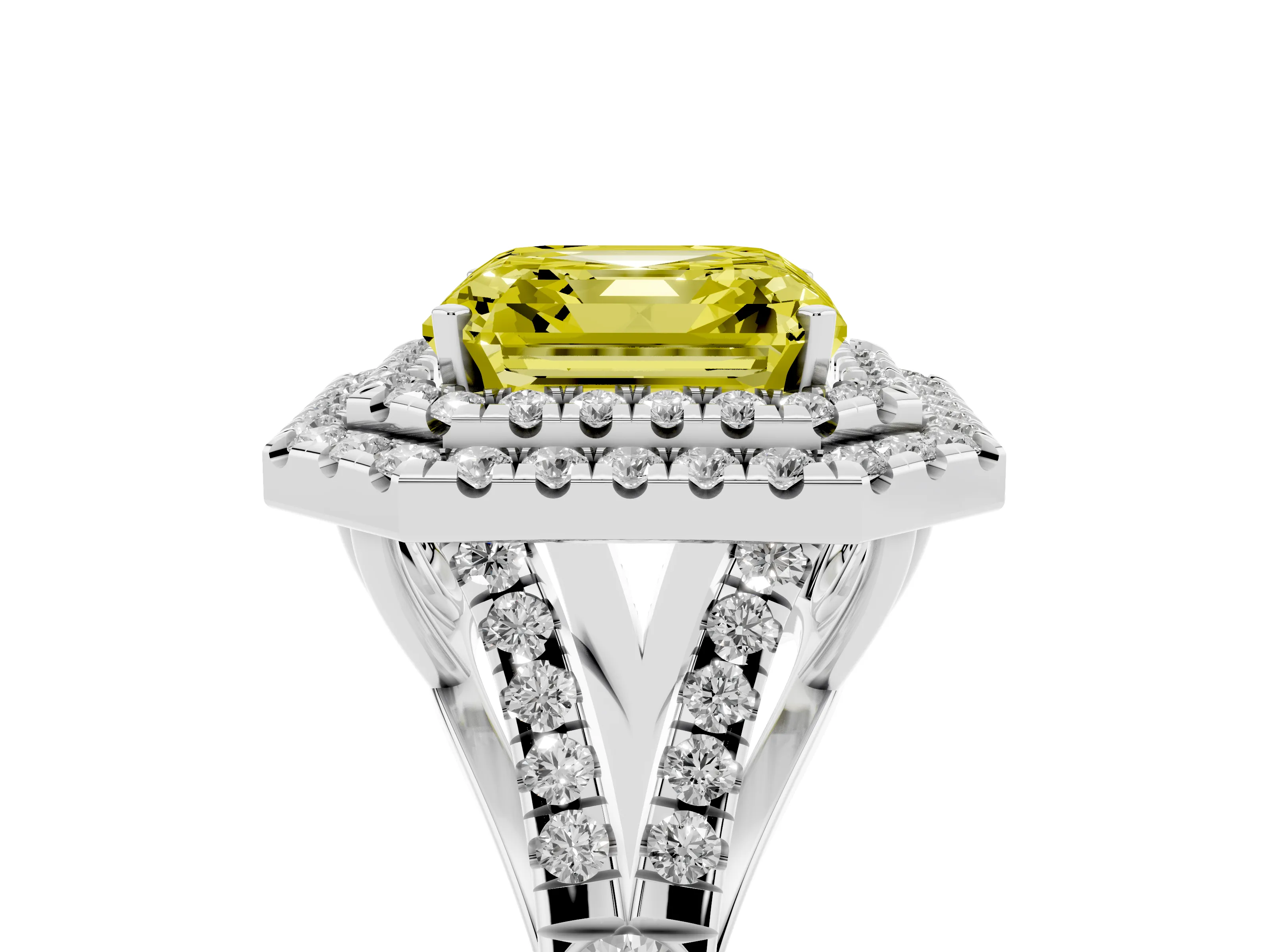 Fancy Yellow Asscher Cut Diamond Pavé Split Shank Double Halo Engagement Ring Set in Platinum