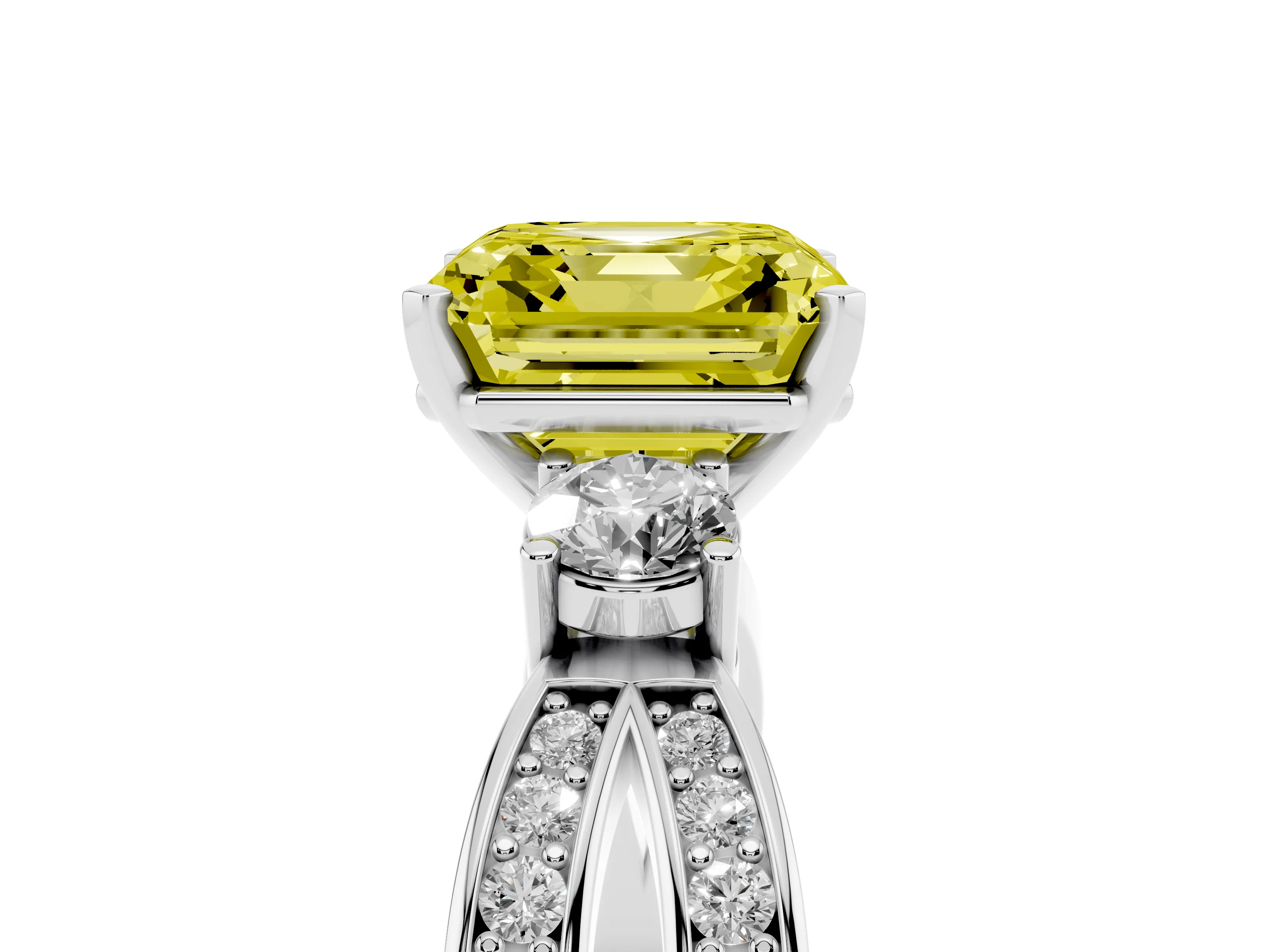 Fancy Yellow Three-Stone Asscher Cut Diamond Twist Band Ring Set in Platinum with Pavé Accents and Prong Setting