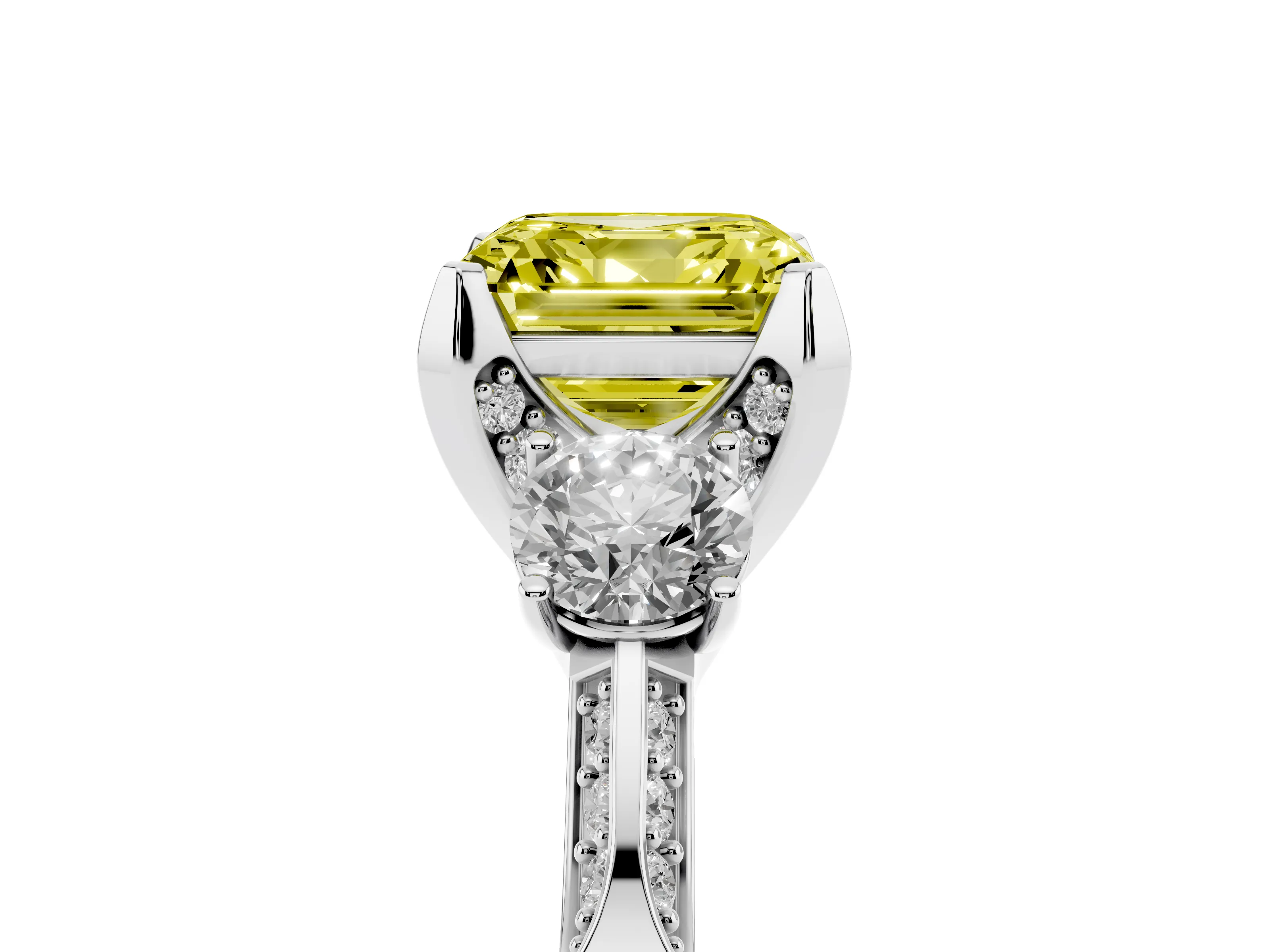 Fancy Yellow Asscher Cut Diamond Three-Stone Ring Set in Silver with Pavé Band and Smaller Side Stones