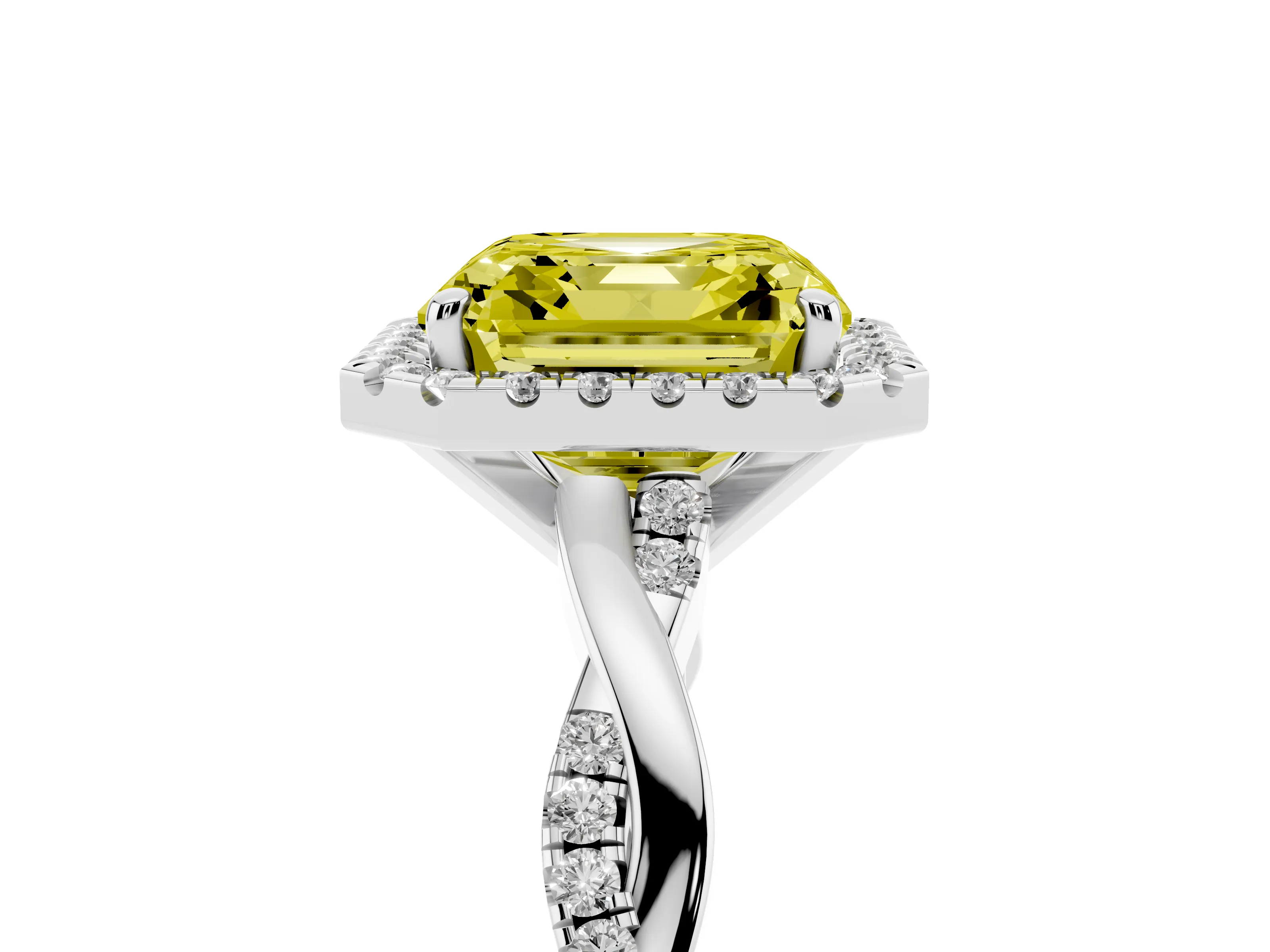 Fancy Yellow Asscher Cut Diamond Halo Twisted Band Ring Set in Platinum with Prong Setting