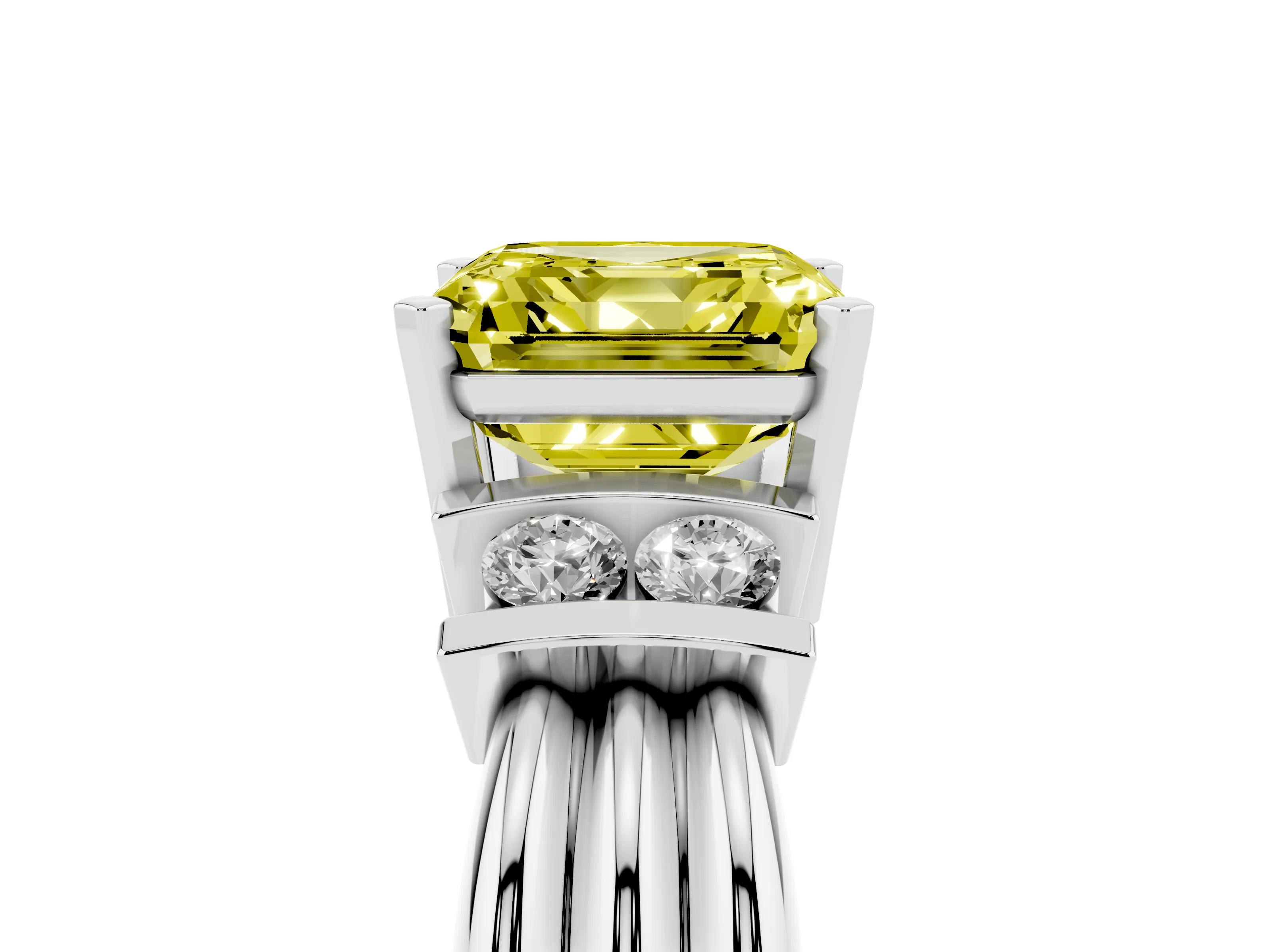 Fancy Yellow Three-Stone Asscher Cut Diamond Channel Set Ring Set in Silver with Bar Prongs