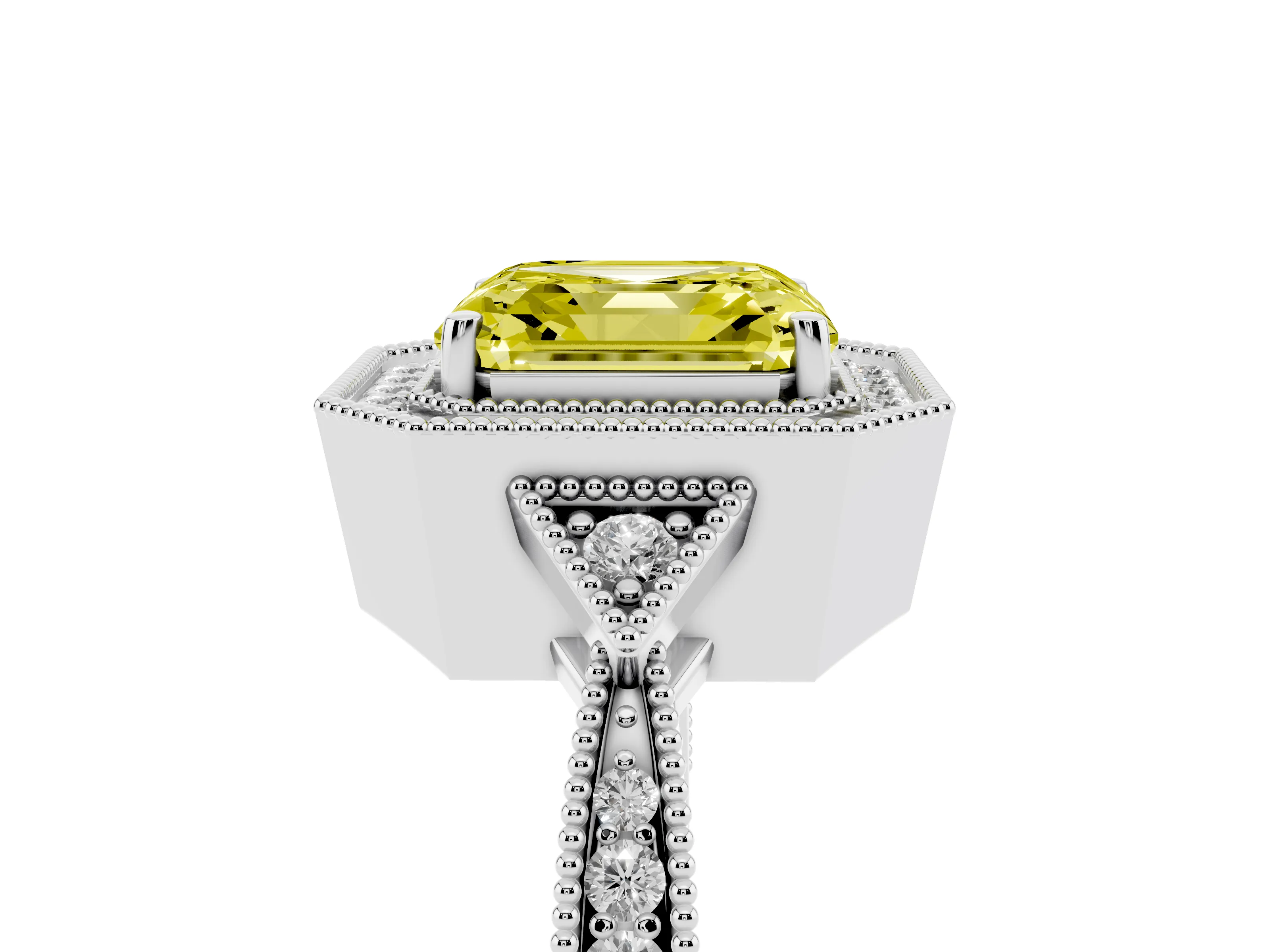 Fancy Yellow Asscher Cut Diamond Halo Engagement Ring Set in Silver with Milgrain Pavé Band