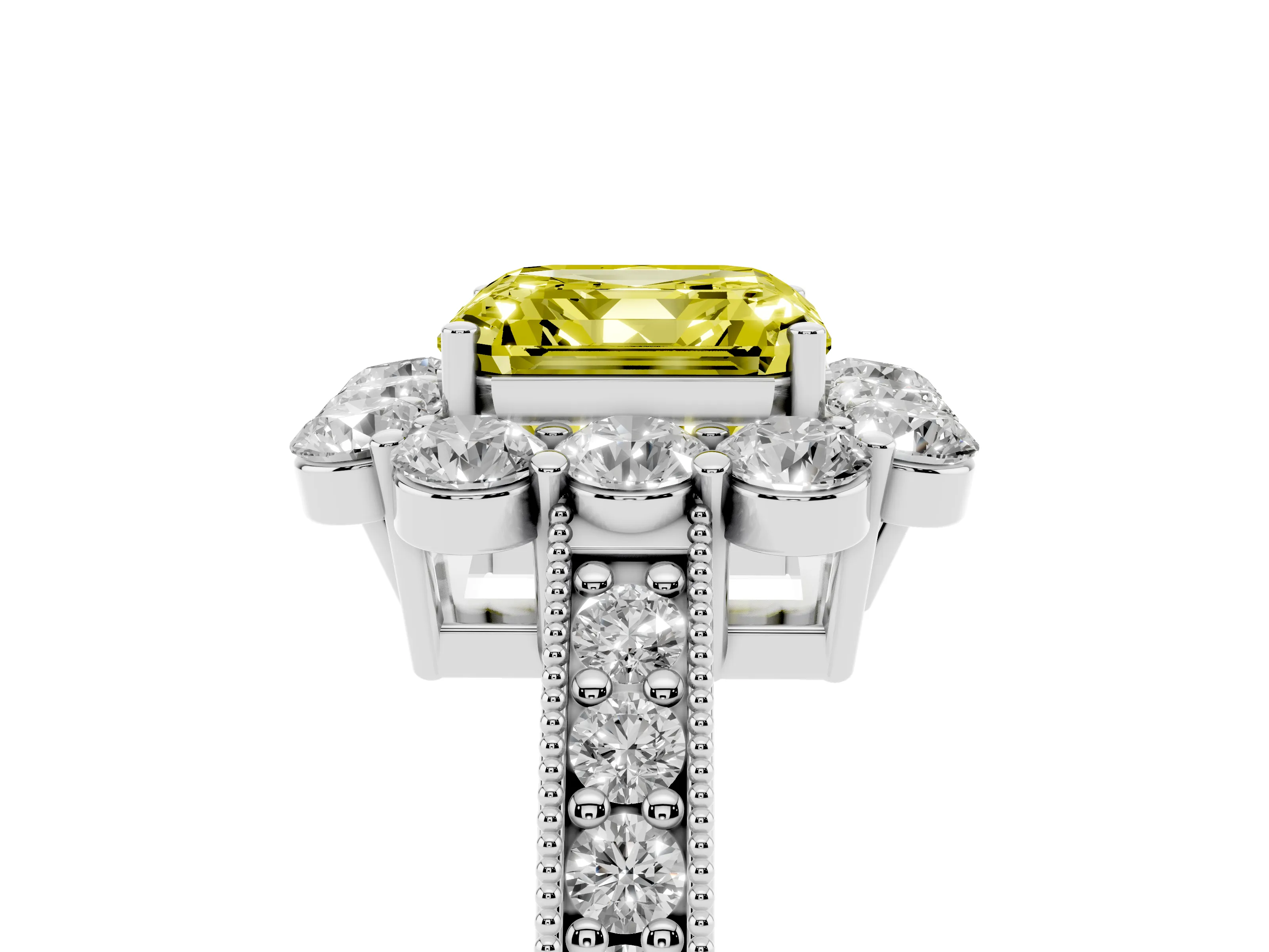 Fancy Yellow Asscher Cut Diamond Halo Pavé Engagement Ring Set in White gold with Milgrain Detailing