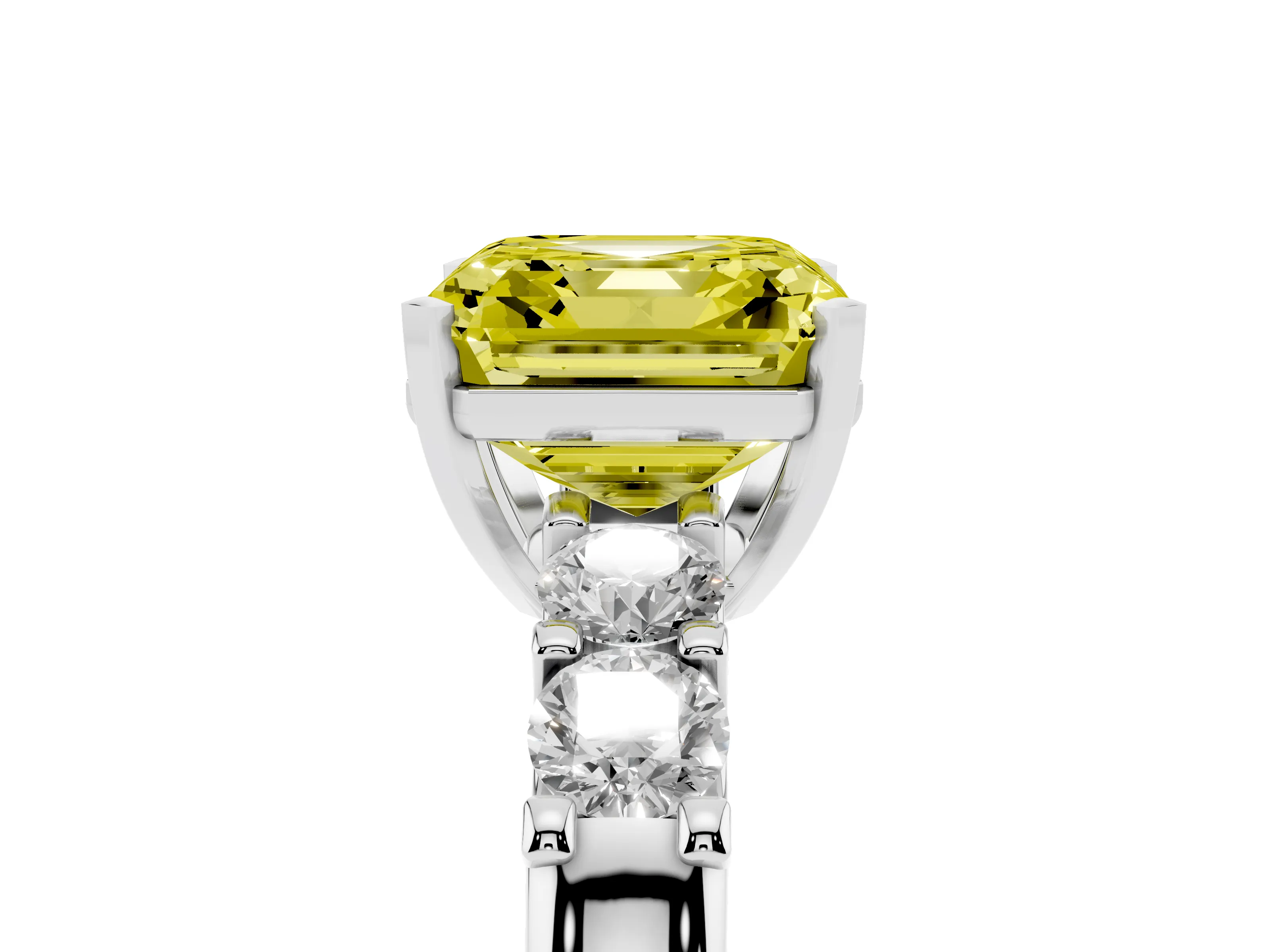 Fancy Yellow Asscher Cut Diamond Five-Stone Prong Set Engagement Ring Set in White gold with Channel Band