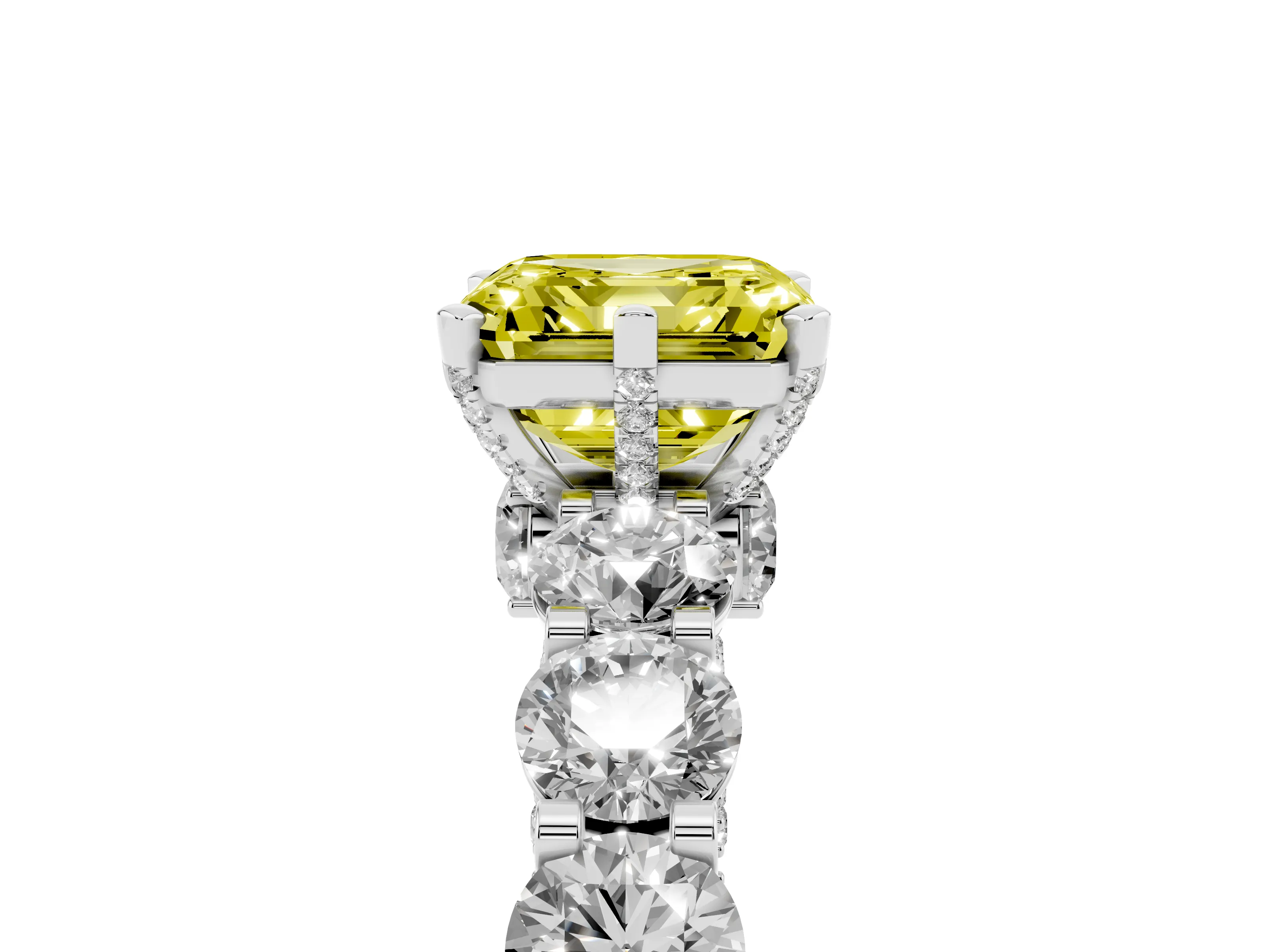Fancy Yellow Asscher Cut Diamond Side Stone Ring Set in Platinum with Alternating Round and Oval Side Stones