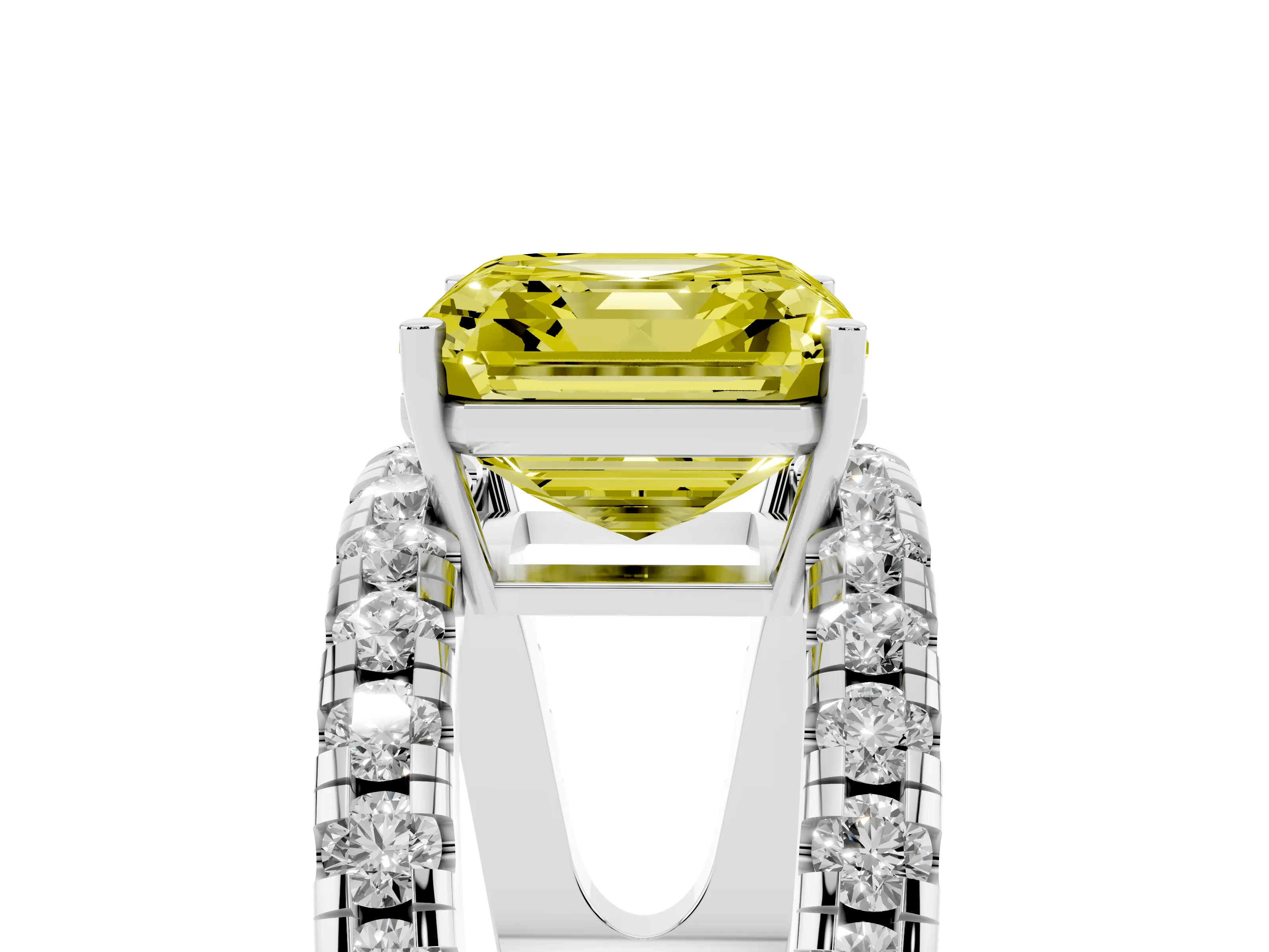 Fancy Yellow Asscher Cut Diamond Split Shank Pavé Solitaire Ring Set in Platinum with Open Shank Design