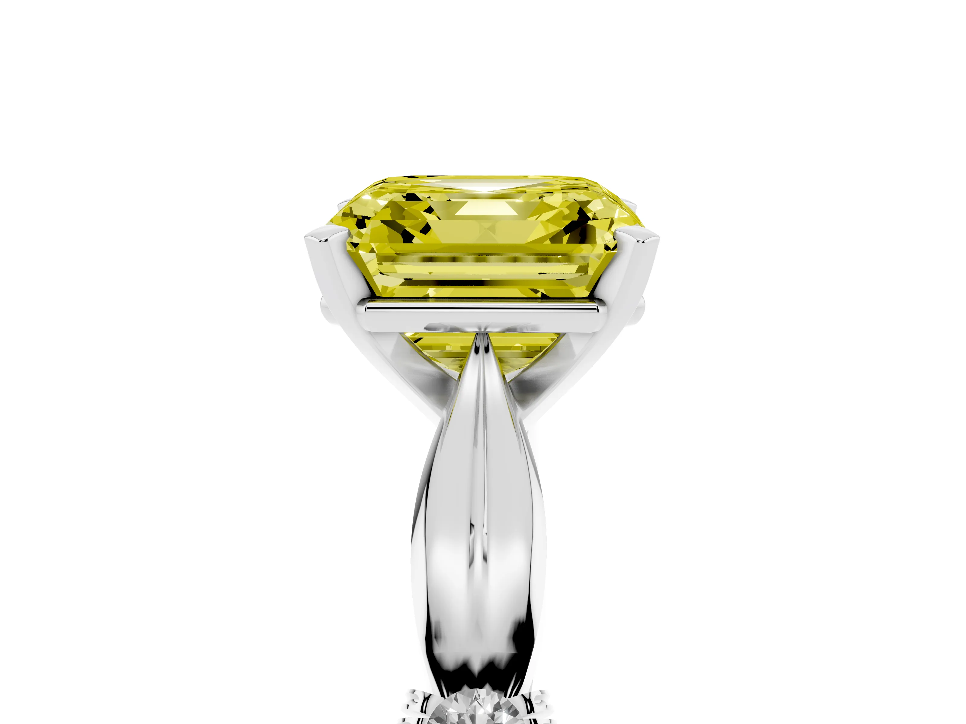 Fancy Yellow Asscher Cut Diamond Solitaire Twisted Band Ring Set in Platinum with Accent Stones and Prong Setting