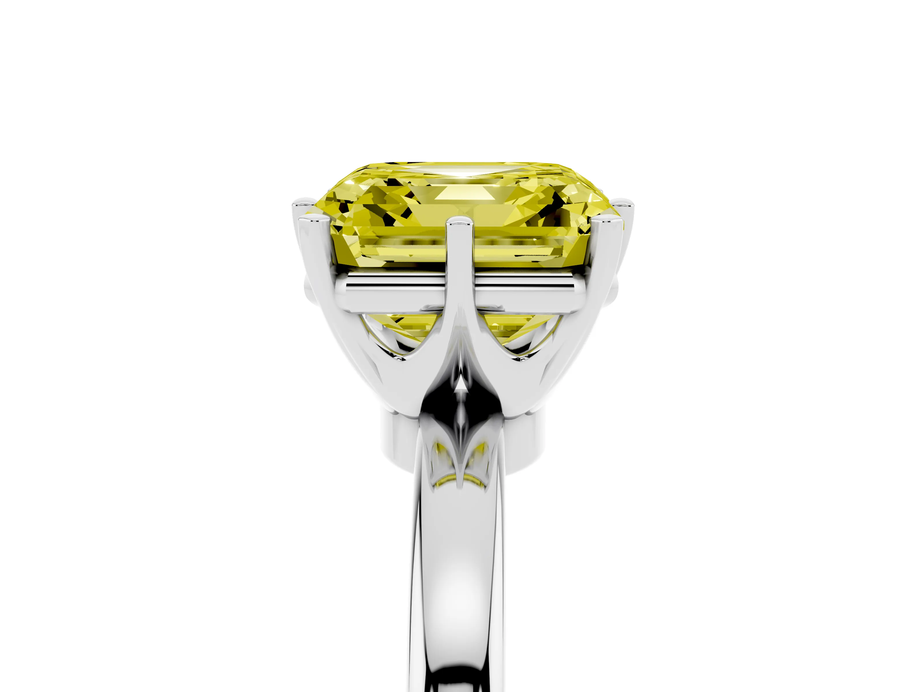 Fancy Yellow Asscher Cut Diamond Solitaire Ring Set in White gold with Raised Prong Setting on a Classic Band