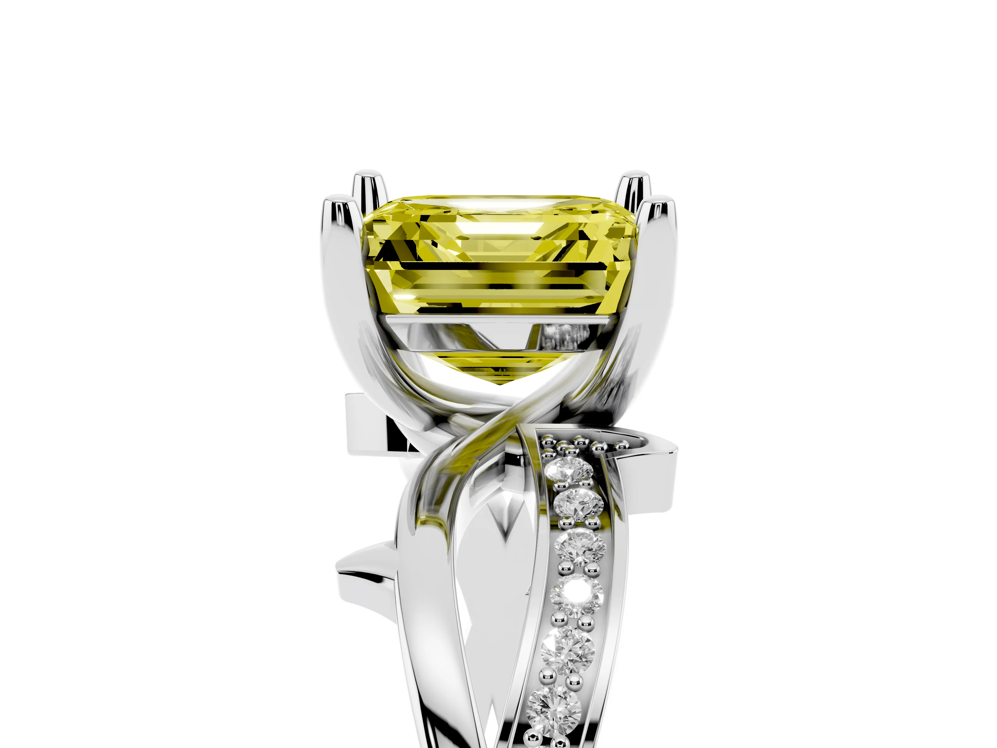 Fancy Yellow Asscher Cut Diamond Pavé Twist Band Solitaire Ring Set in White gold with Prong Setting