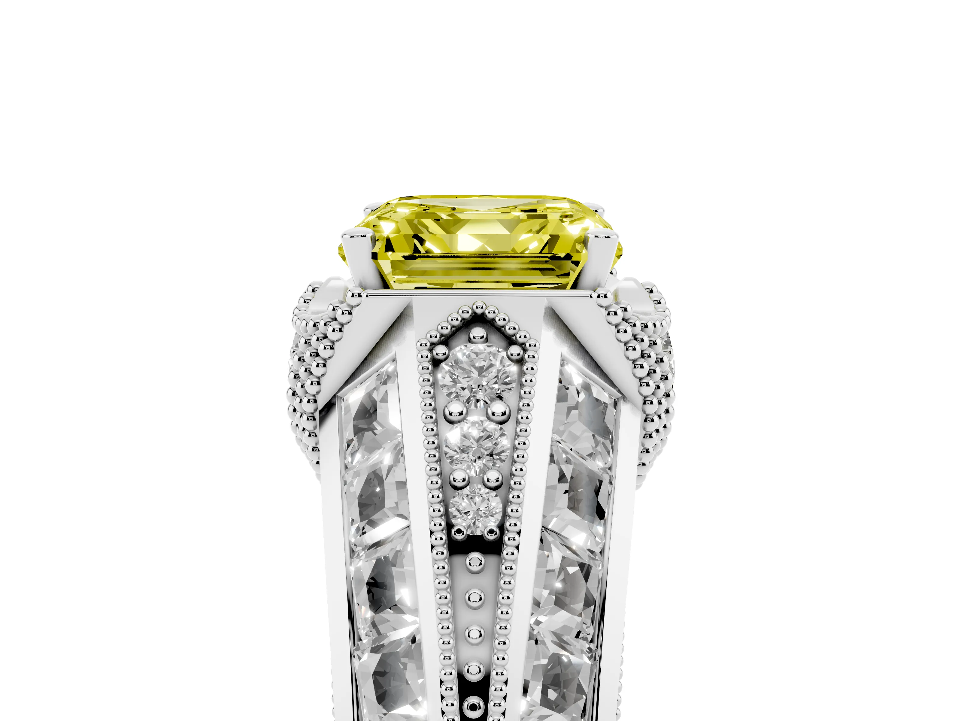Fancy Yellow Asscher Cut Diamond Vintage-Inspired Milgrain Ring Set in Platinum with Accent Split Shank