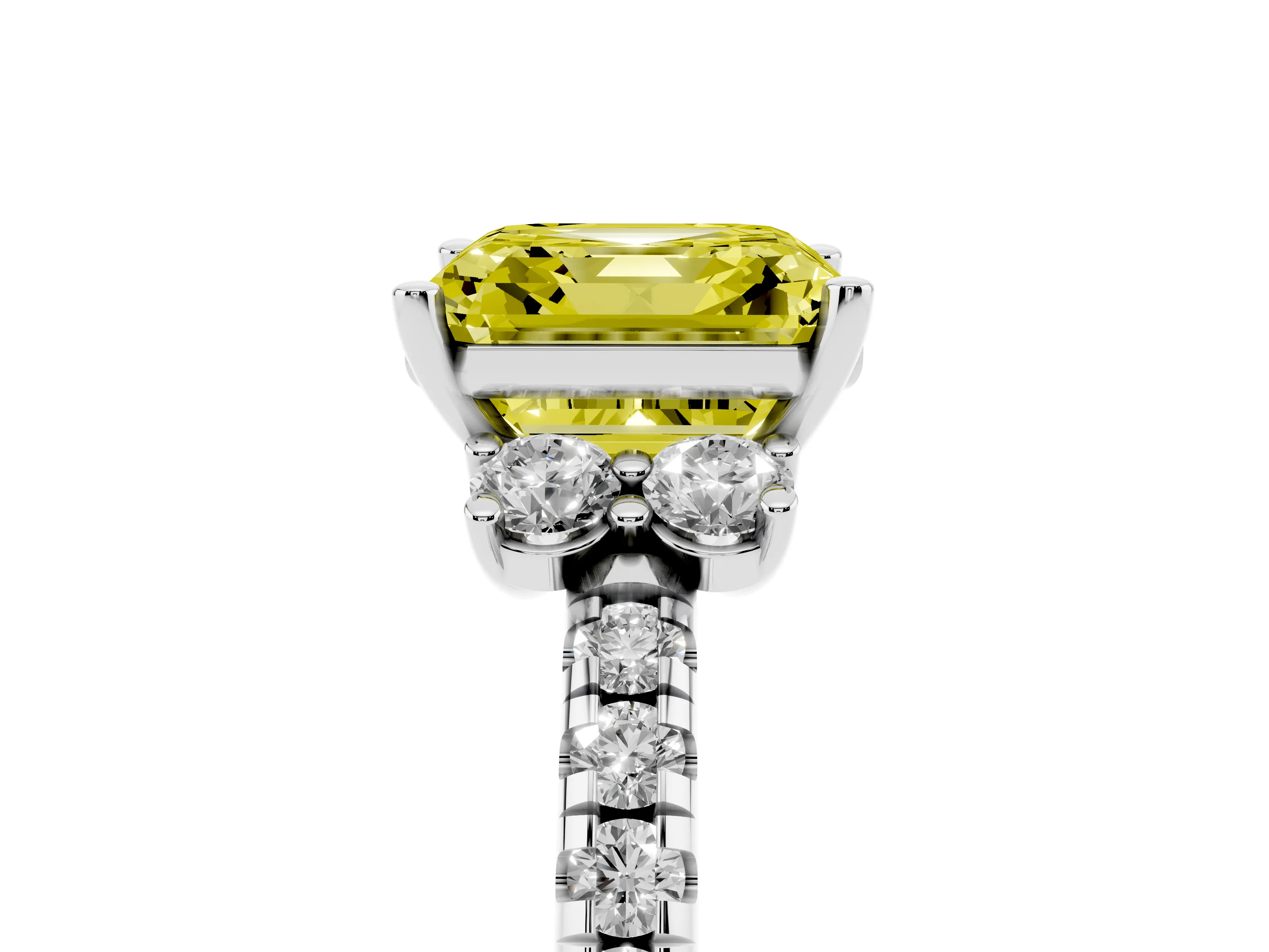 Fancy Yellow Asscher Cut Diamond Three-Stone Pavé Ring Set in White gold with Prong Setting