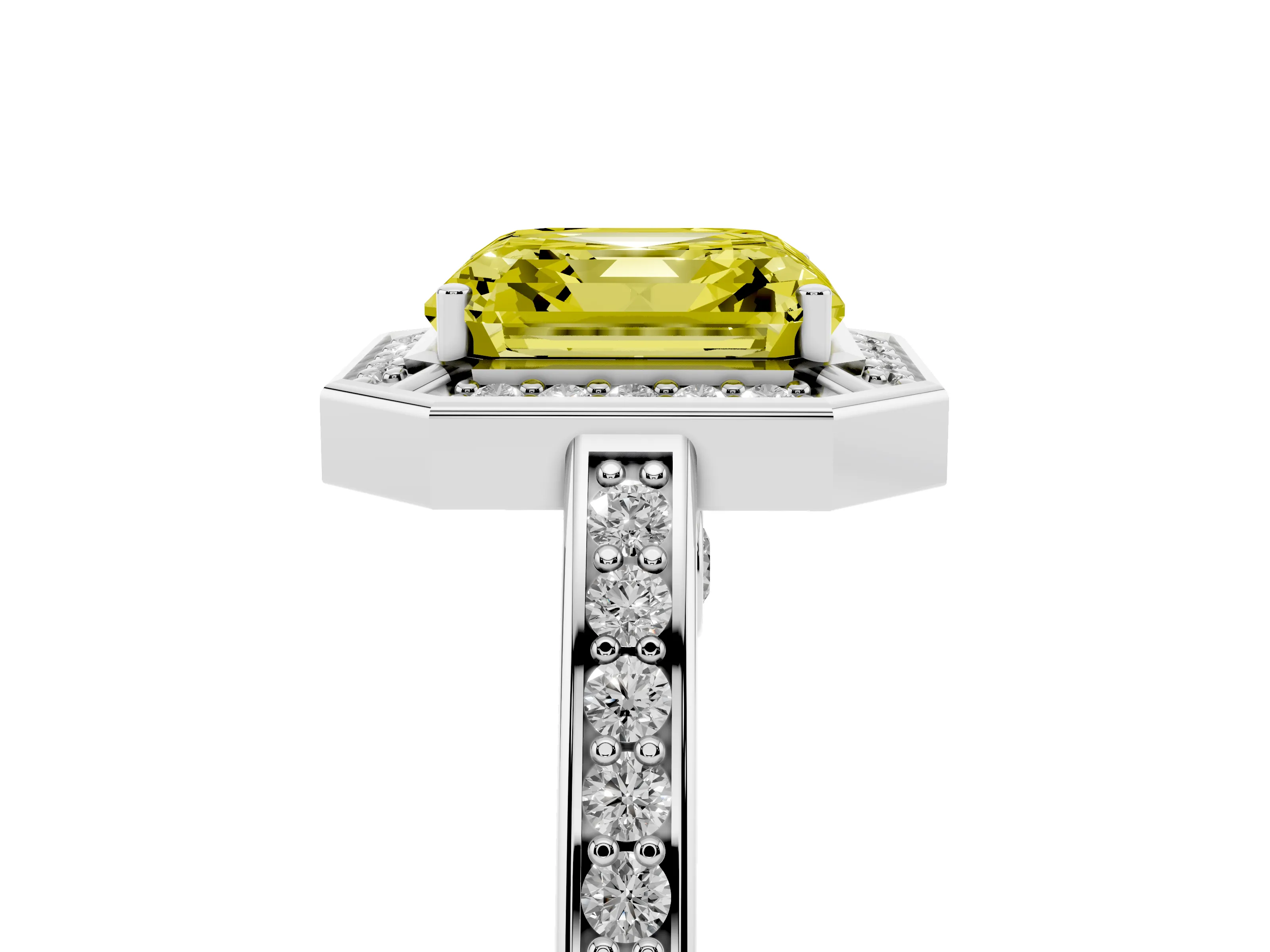 Fancy Yellow Asscher Cut Diamond Halo Pavé Split Shank Ring Set in White gold with Prong Setting