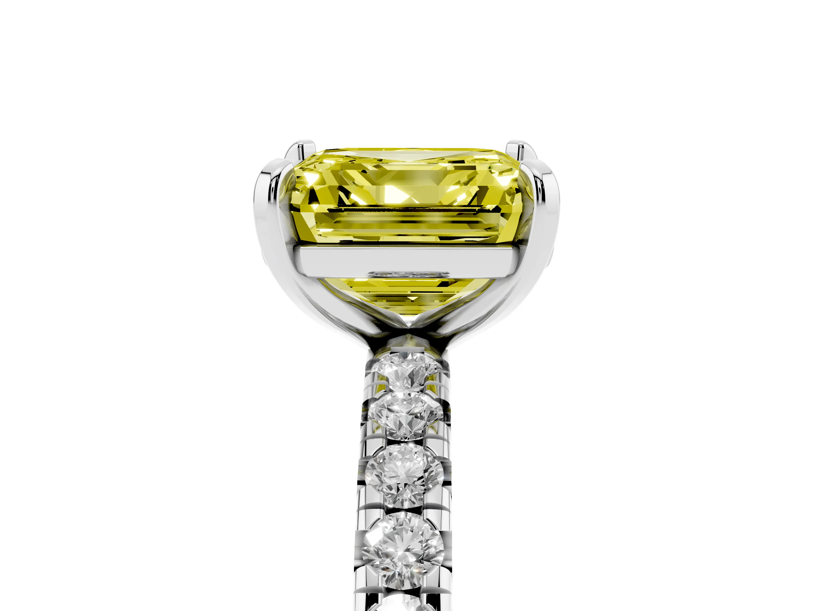 Fancy Yellow Asscher Cut Diamond Pavé Solitaire Ring Set in White gold with Round Band and Prong Setting